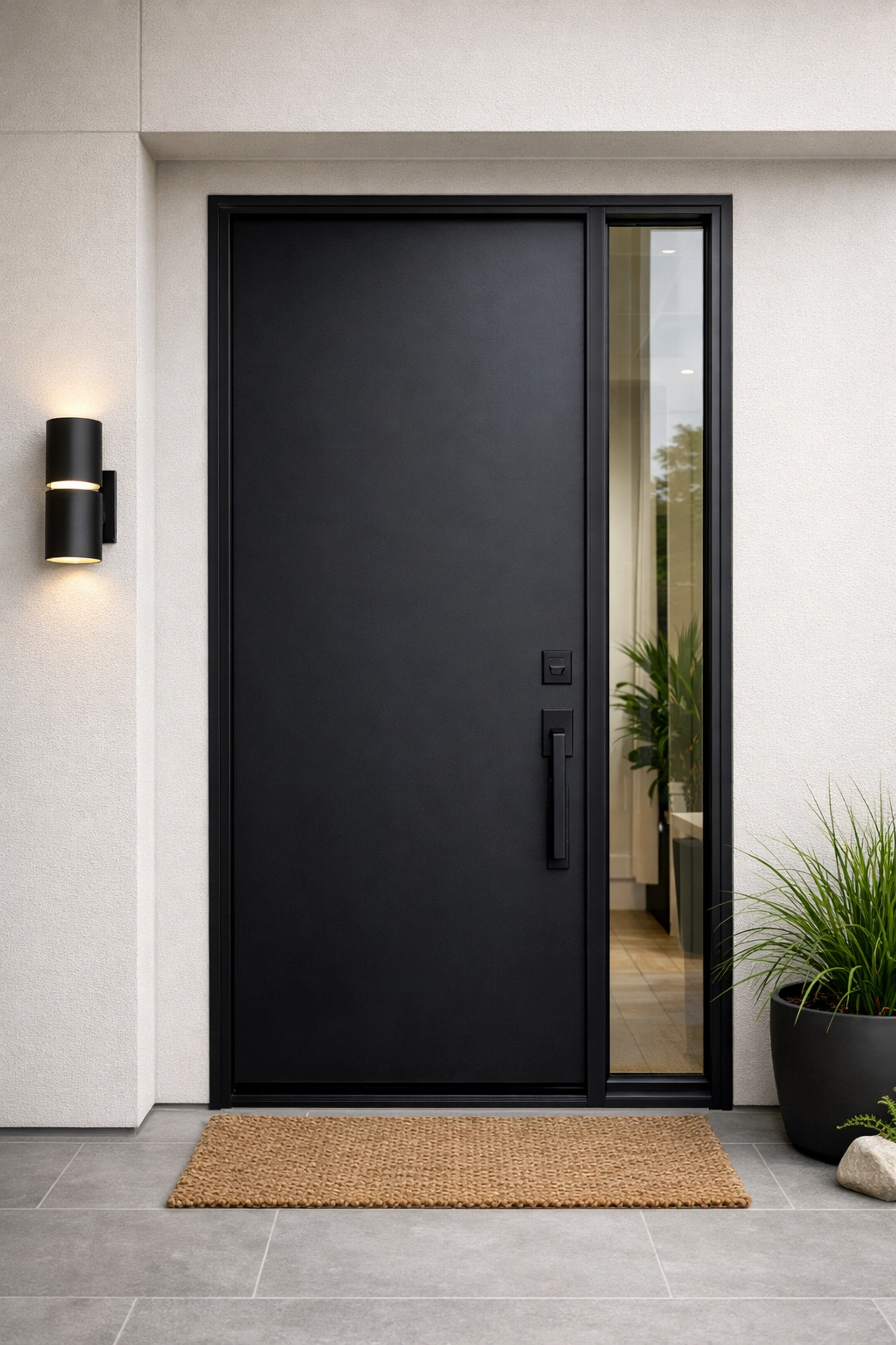 Sleek charcoal front door on a modern Orlando home, showcasing expert exterior painting and curb appeal.