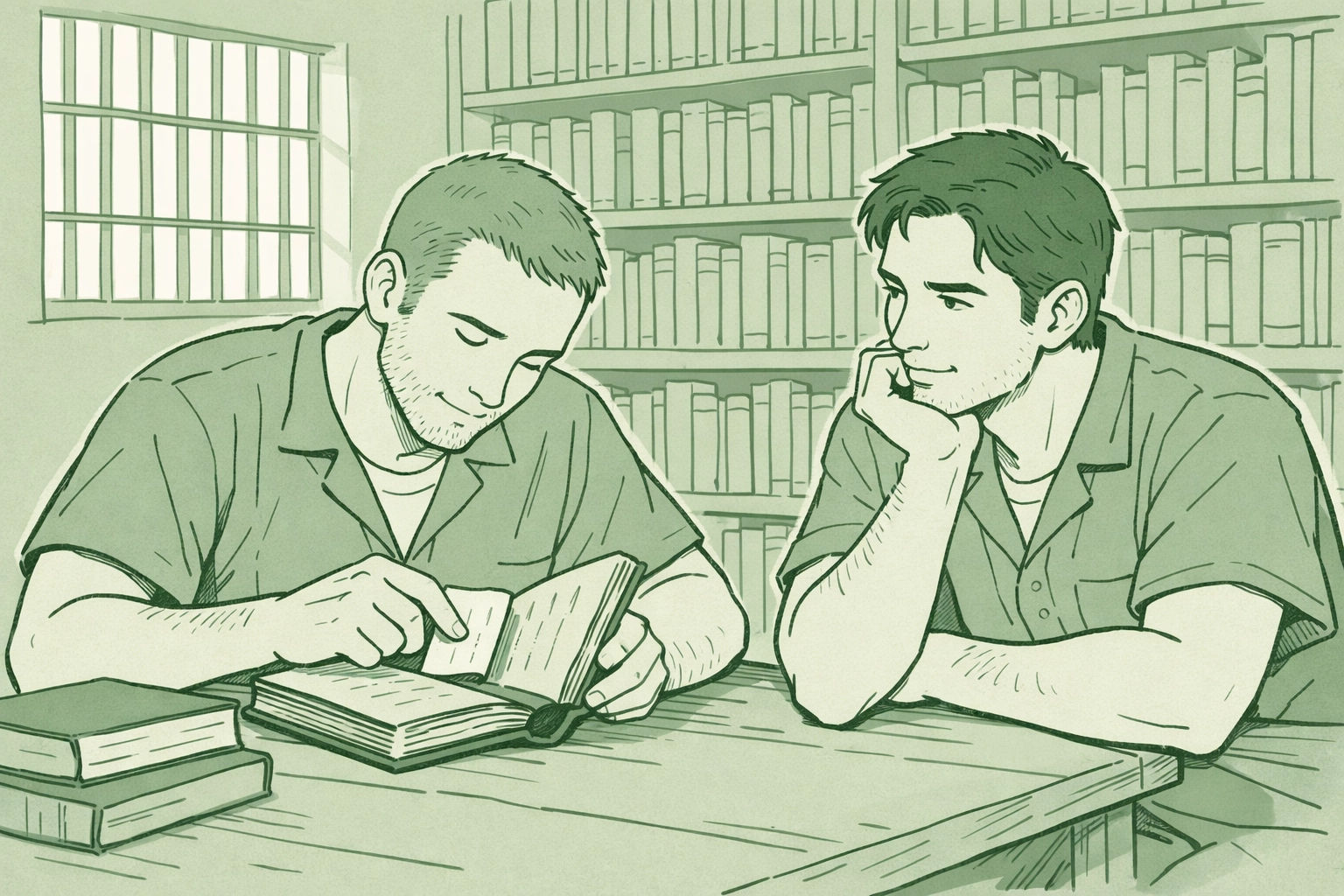 Two men share secret notes in classic books in prison library - gay romance connection