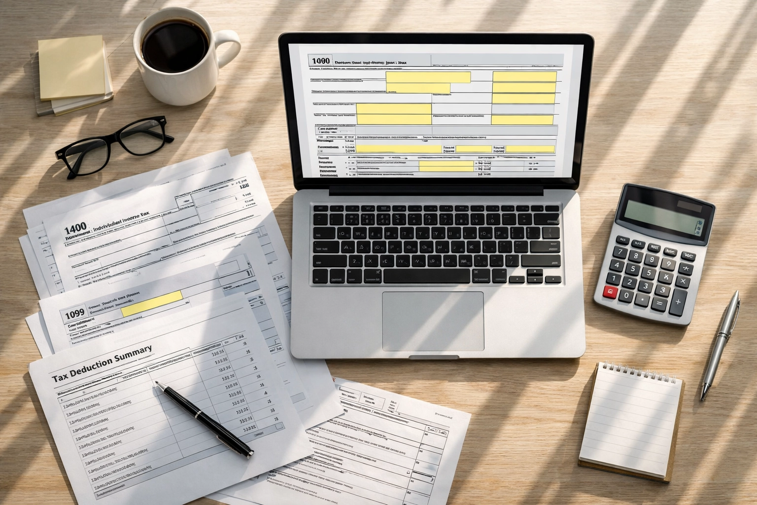 Incomplete tax return with empty fields on desk surrounded by documents and calculator