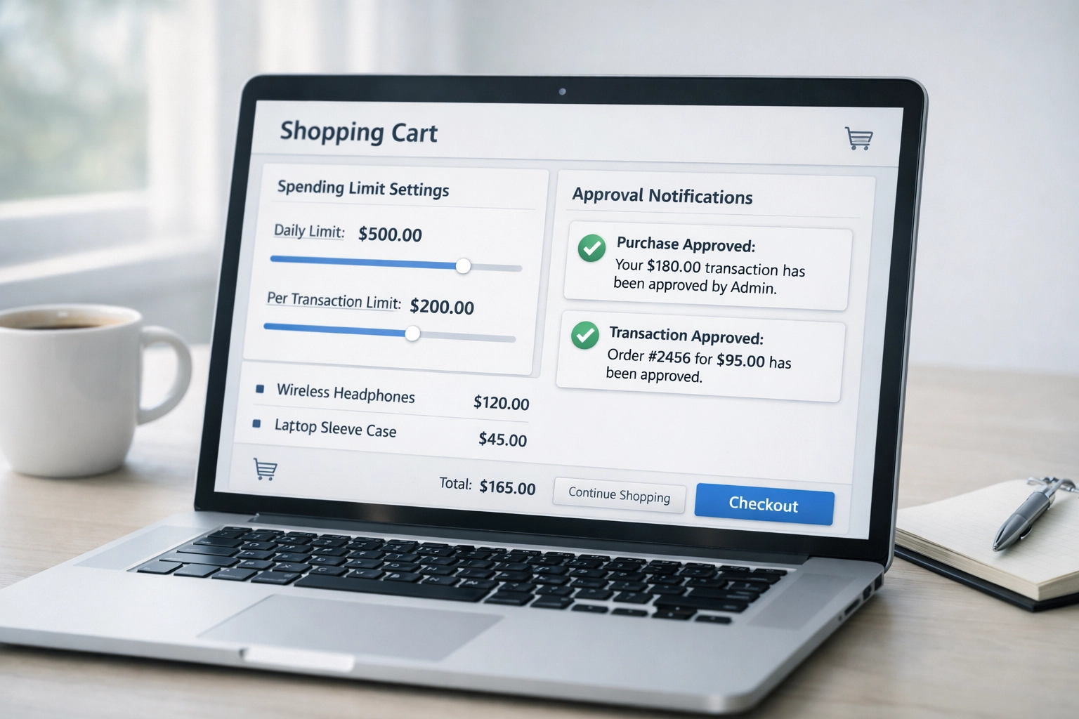Laptop screen showing shopping cart spending limits and transaction approval settings