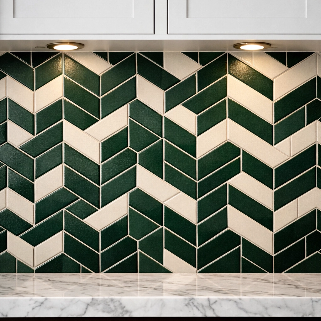 Geometric tile backsplash installation in Orlando kitchen with forest green pattern