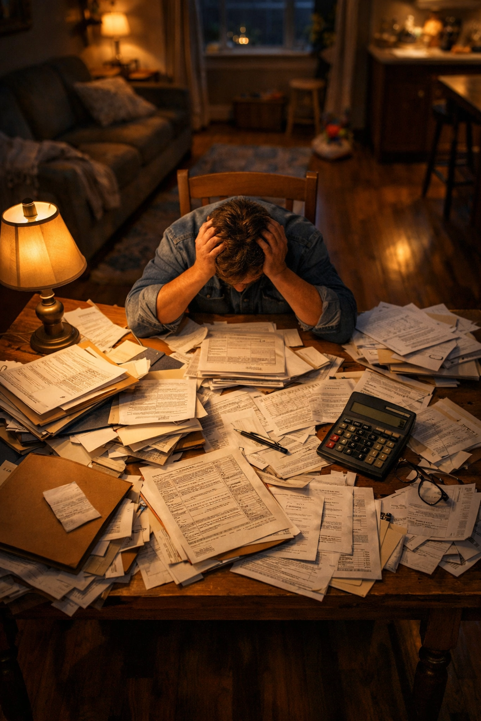An overwhelmed person struggling with complex DIY probate forms and legal paperwork at home.