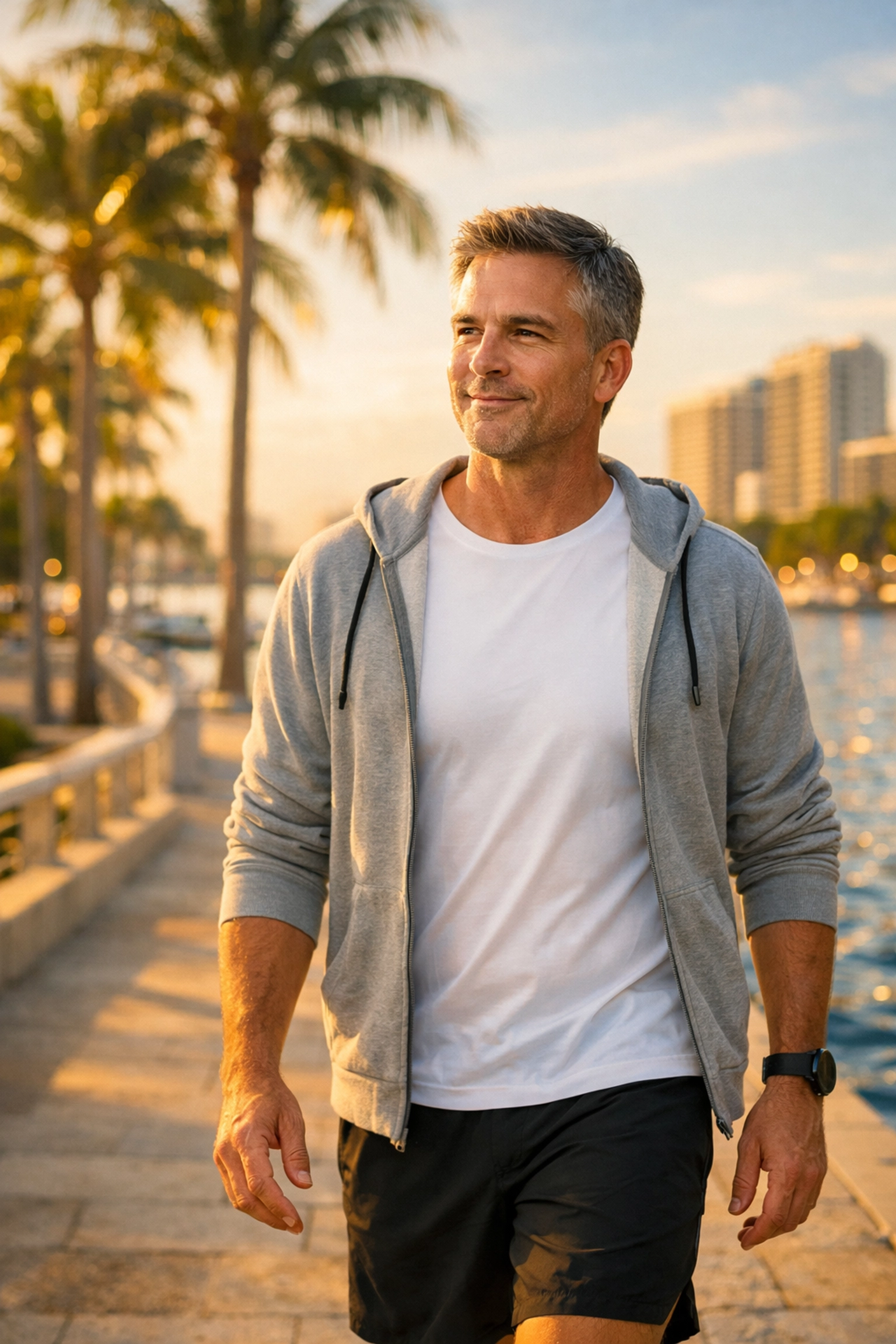 Fit man walking in West Palm Beach enjoying restored energy and vitality from TRT.