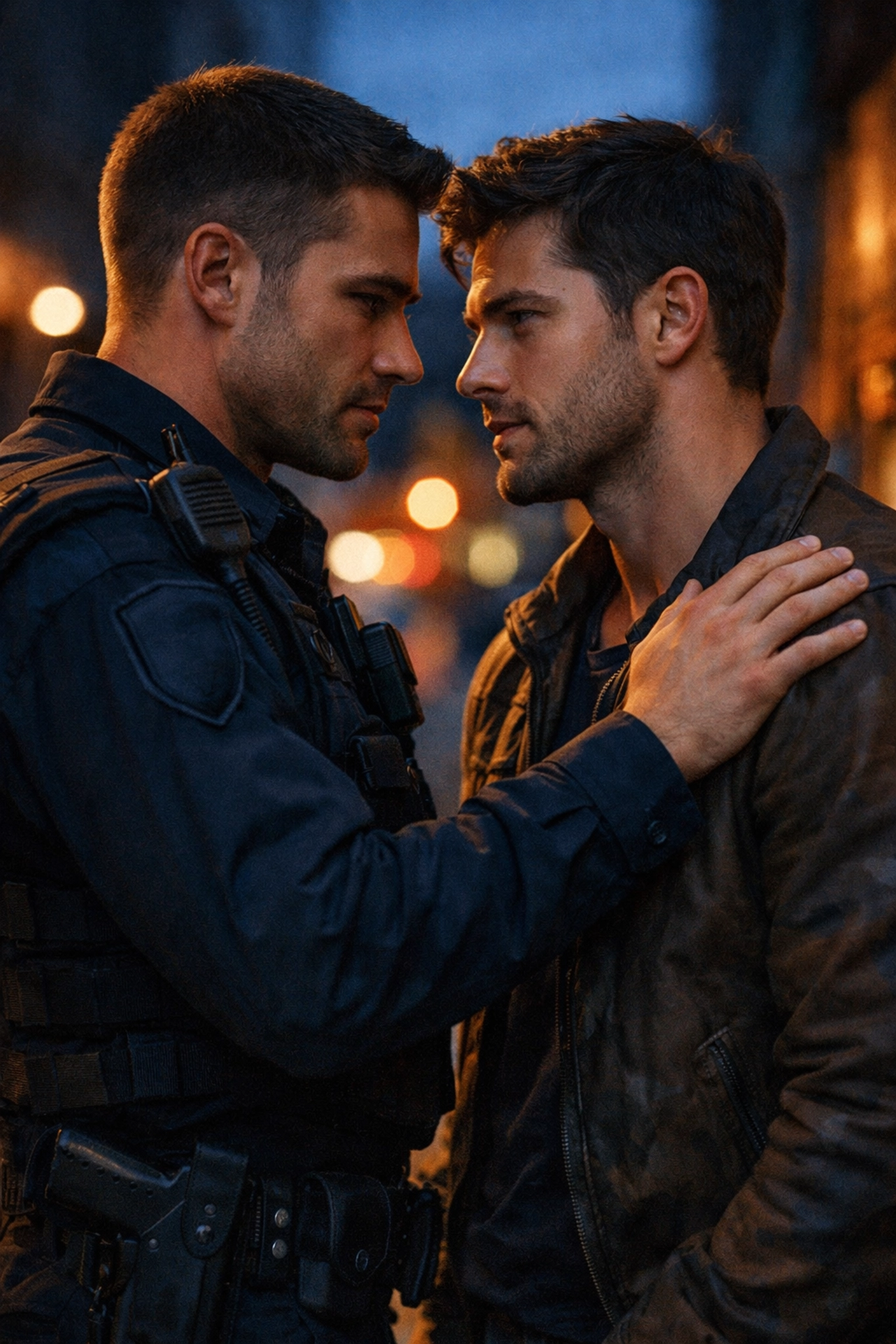 Gay police officer and civilian man in romantic embrace - MM tactical romance