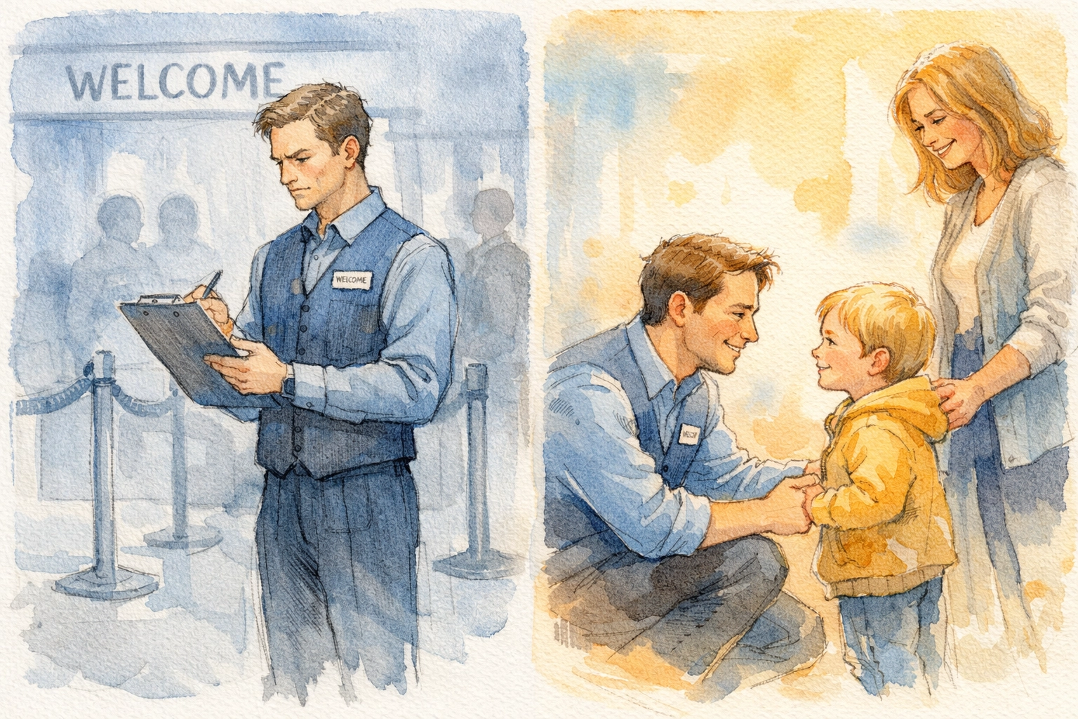 Church greeter making genuine eye contact with child versus task-focused clipboard checking