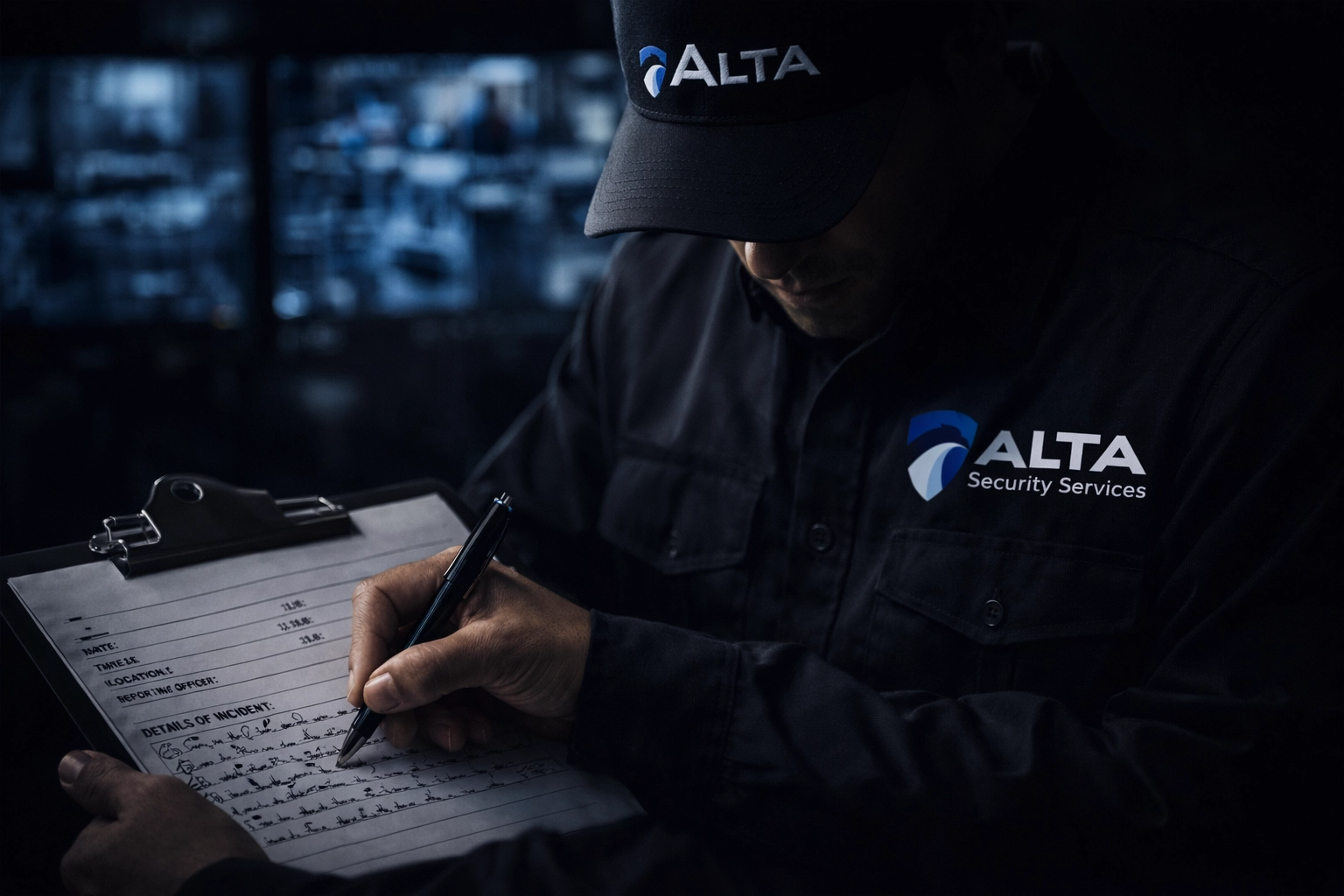 Security officer documenting detailed incident report for Virginia hospital security services