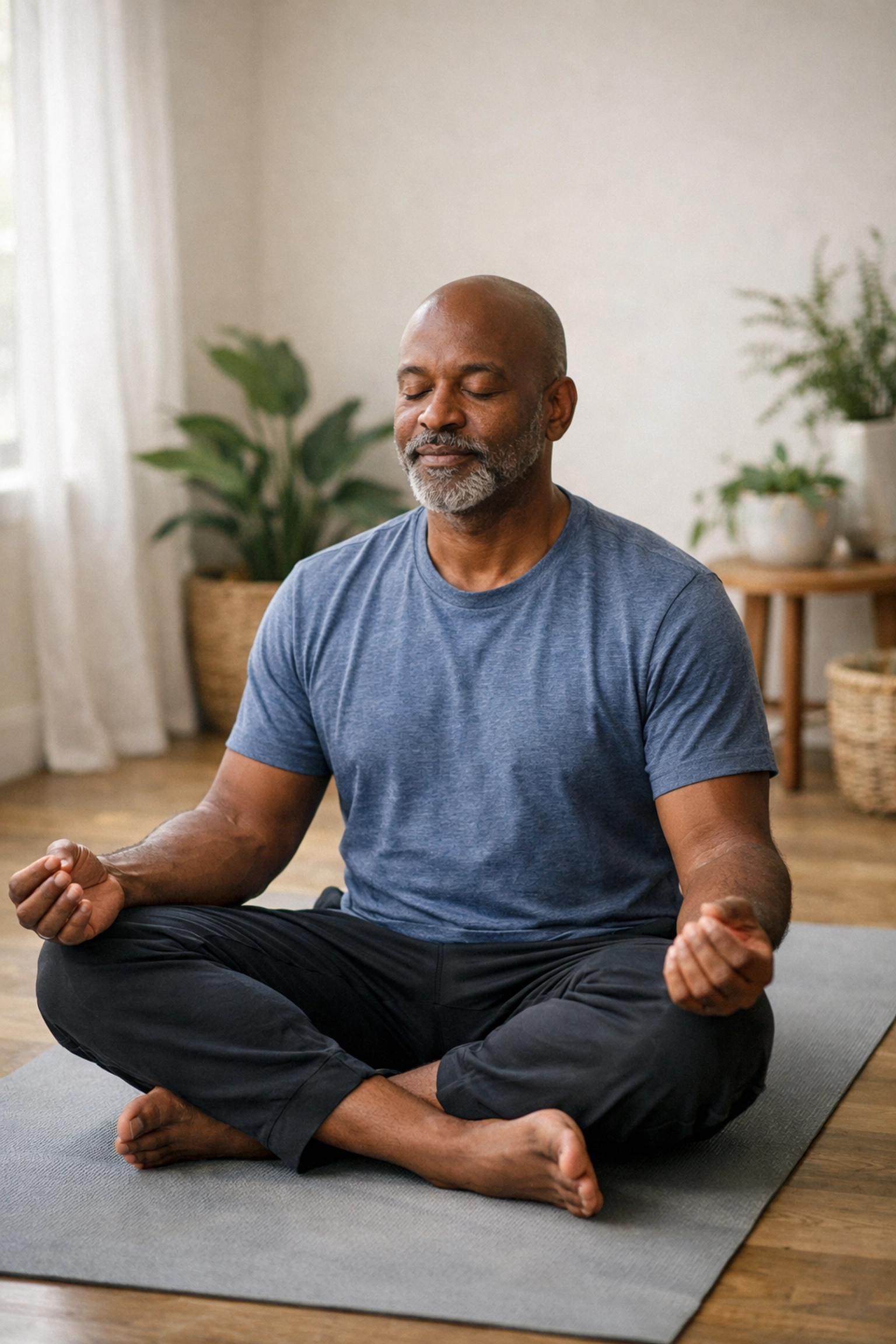 Man practicing daily meditation on yoga mat for mindfulness and mental wellness