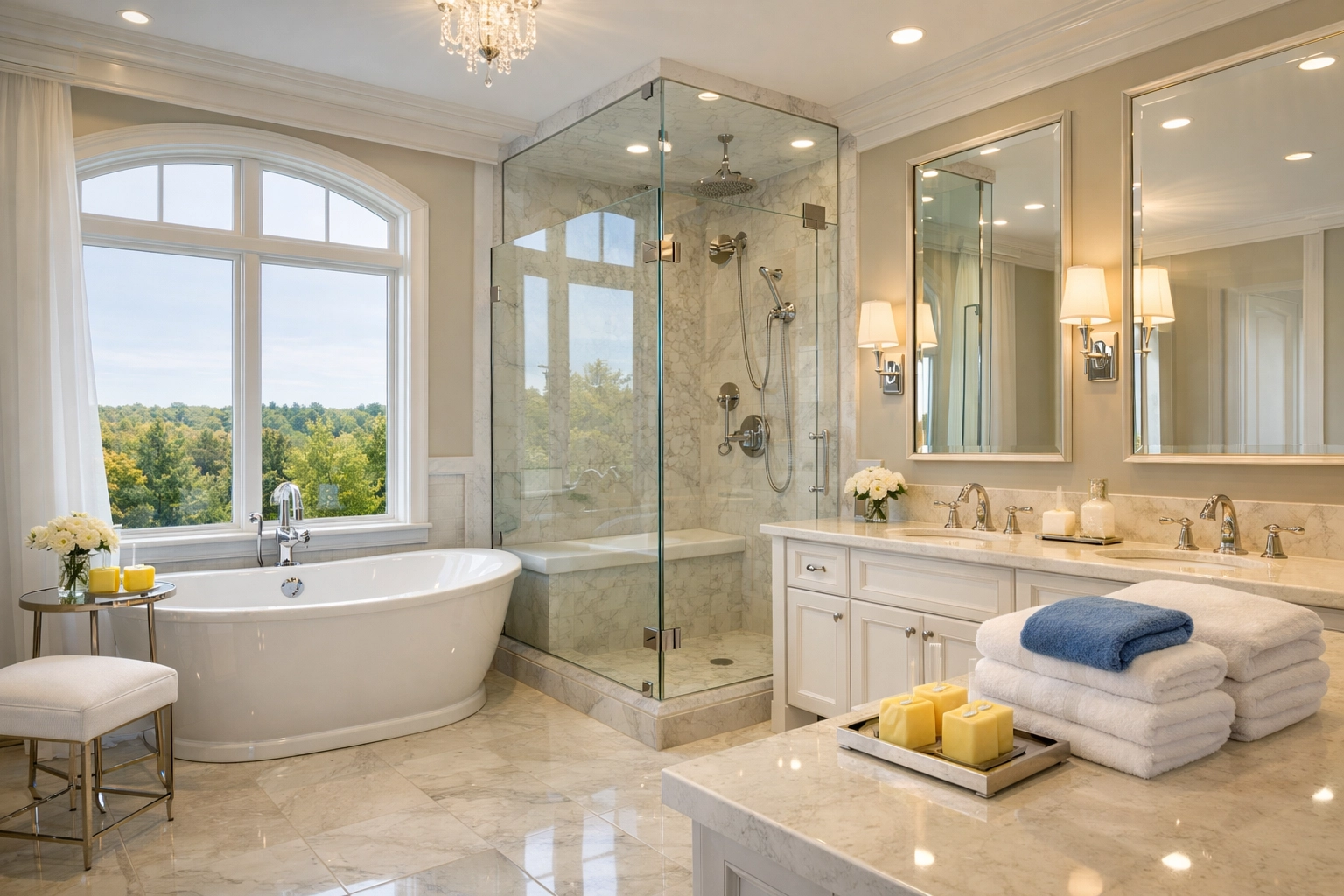 Spotless luxury master bathroom in Dover after premium residential cleaning Massachusetts.