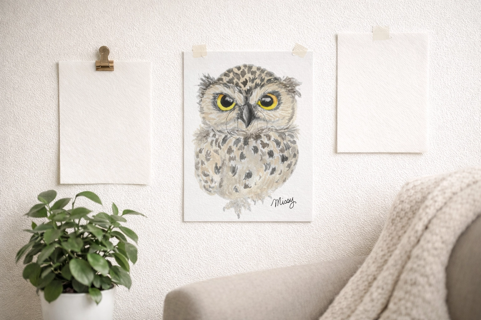 Missy’s Burrowing Owl watercolor masterpiece styled in a simple gallery wall mockup (watermark visible)