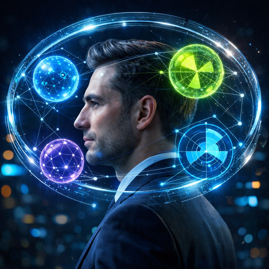 Holographic profile of a worker demonstrating their AI readiness score and expertise in intelligent automation solutions.