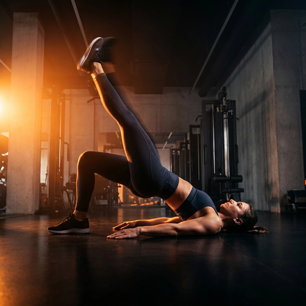 Athletic woman performing a single-leg glute bridge, building hip stability and glute strength for runners.