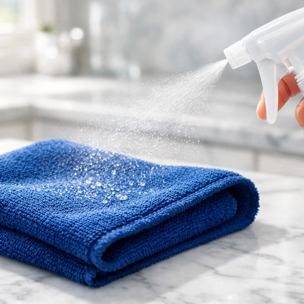 Professional Hingham home cleaning using a blue microfiber cloth on a white marble kitchen counter.
