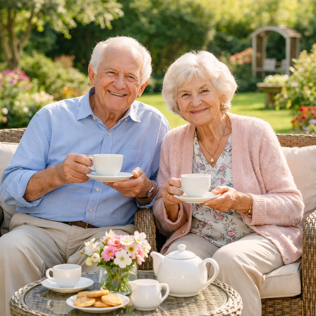 An elderly couple enjoying independent living in their Hampshire garden with the support of live-in care.
