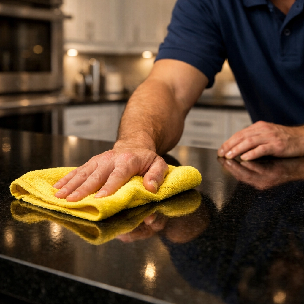 Expert cleaner polishing a kitchen island with a microfiber cloth during an apartment cleaning in Milford.