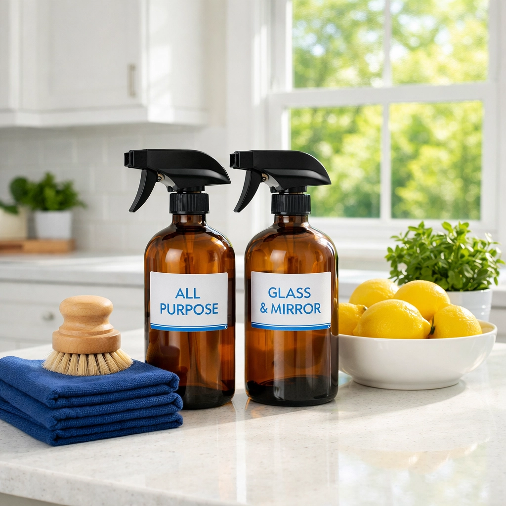 Eco-friendly house cleaning tools on a kitchen counter in a Leominster MA home.