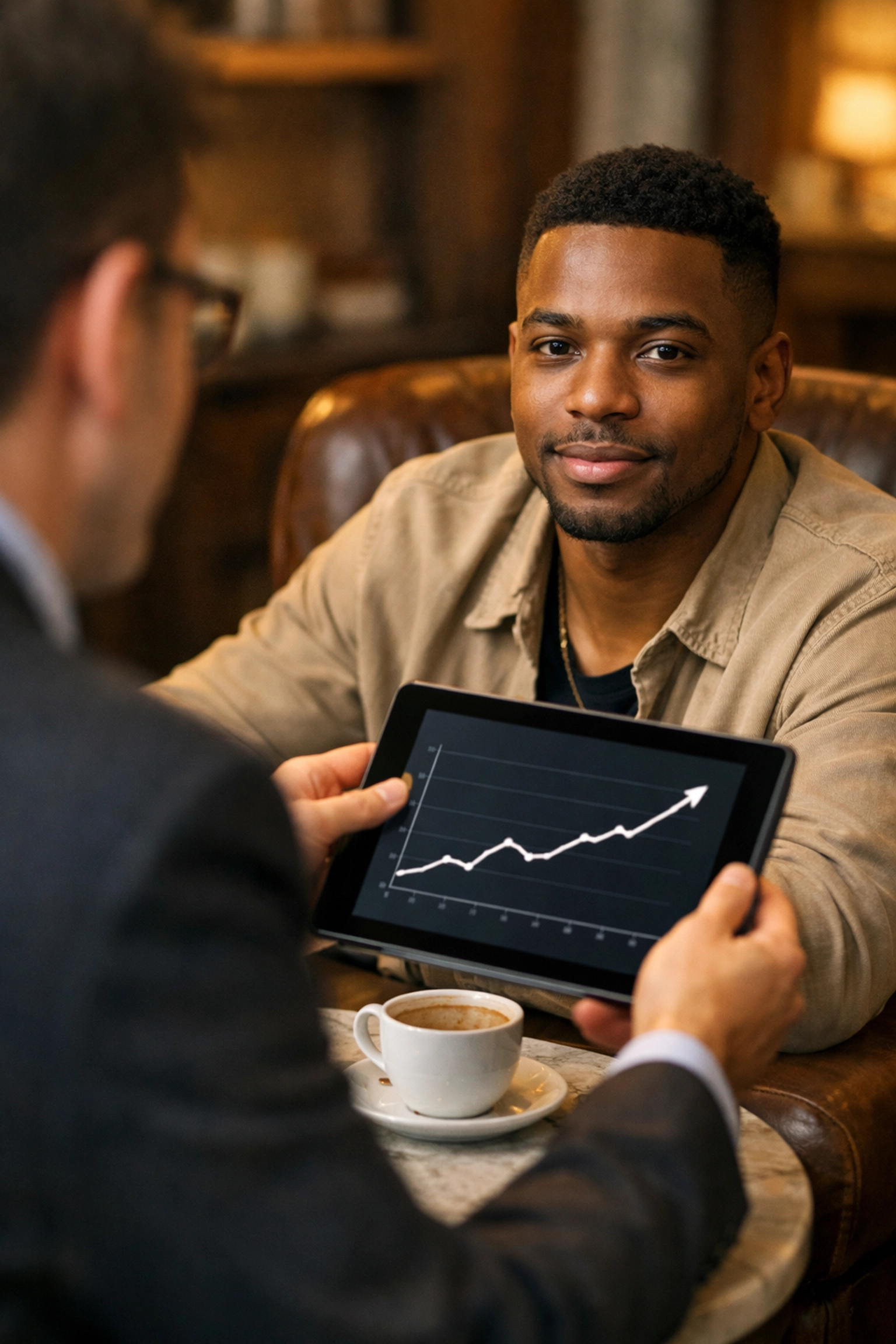 New restaurant owner and consultant reviewing an upward-trending financial growth chart on a tablet.