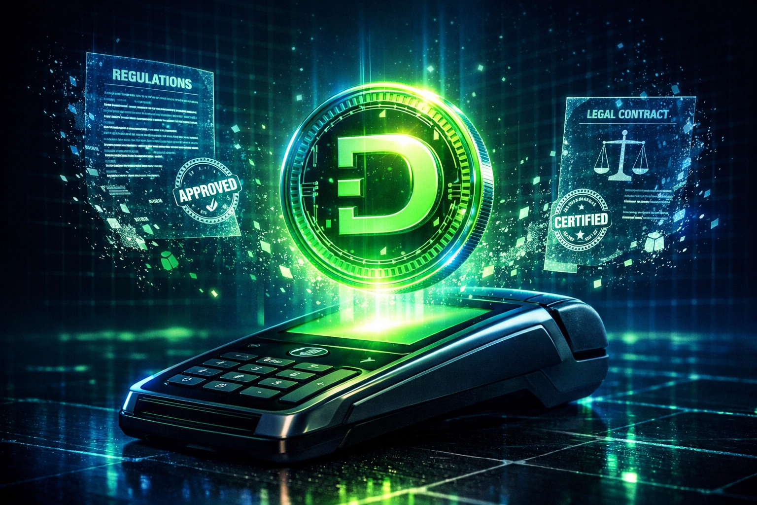 Digital receivables token hovering above merchant POS terminal with regulatory compliance symbols