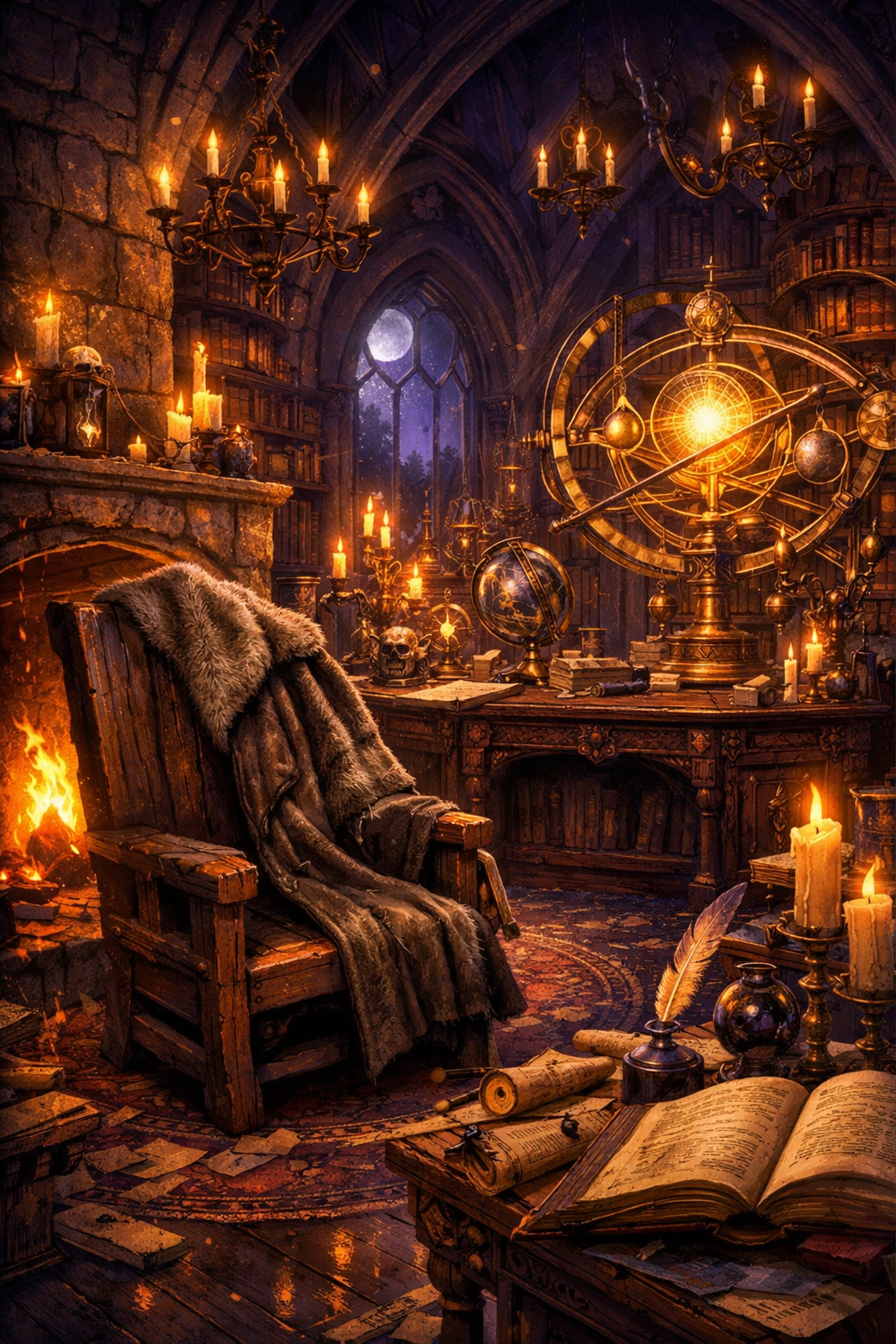 Magical wizard study with ancient books and artifacts, inspired by the Harry Potter HBO series.