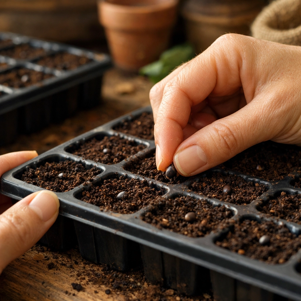Planting eggplant seeds in seed starting trays with rich soil
