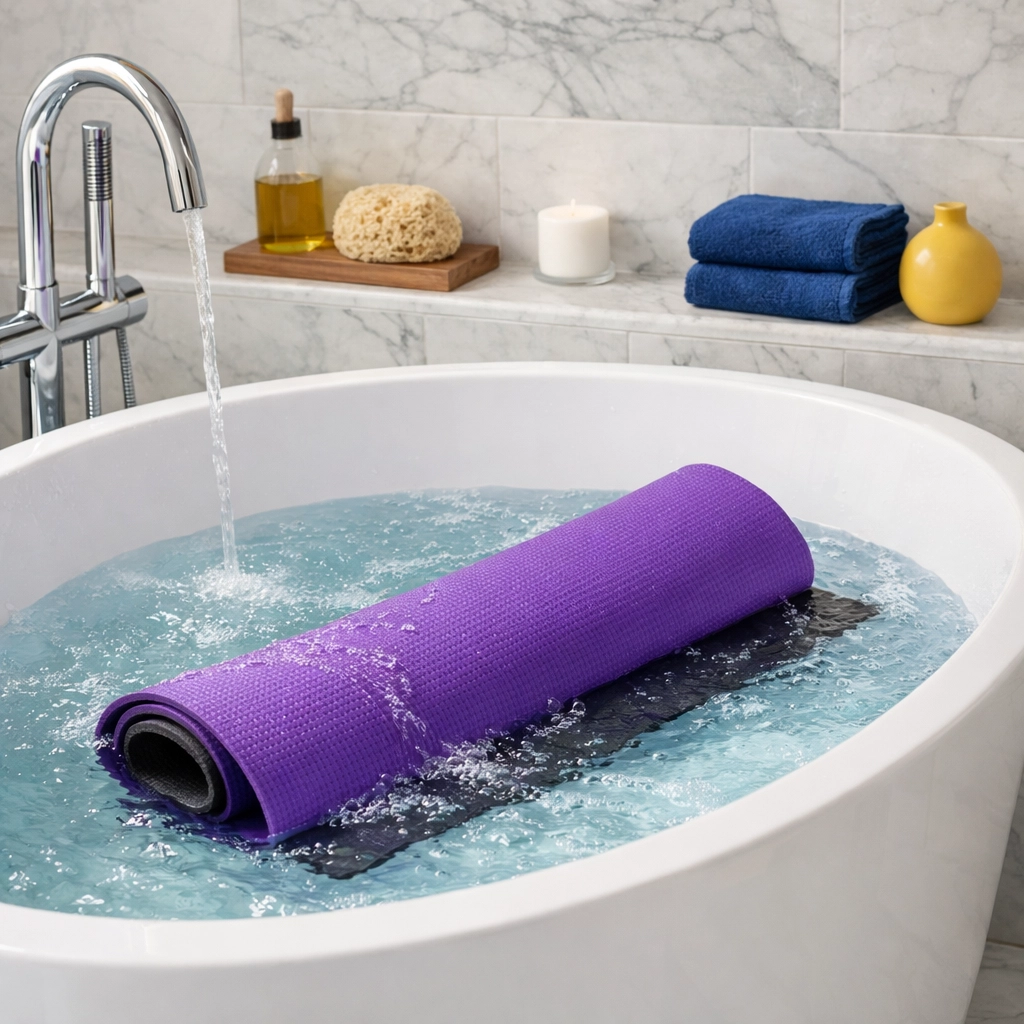 Rinsing a yoga mat in a white soaking tub to remove dirt and deep clean the material.