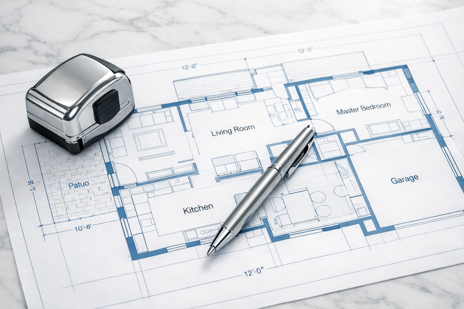 Planos y herramientas de medición para el cálculo preciso del valor de reposición en seguros de construcción.