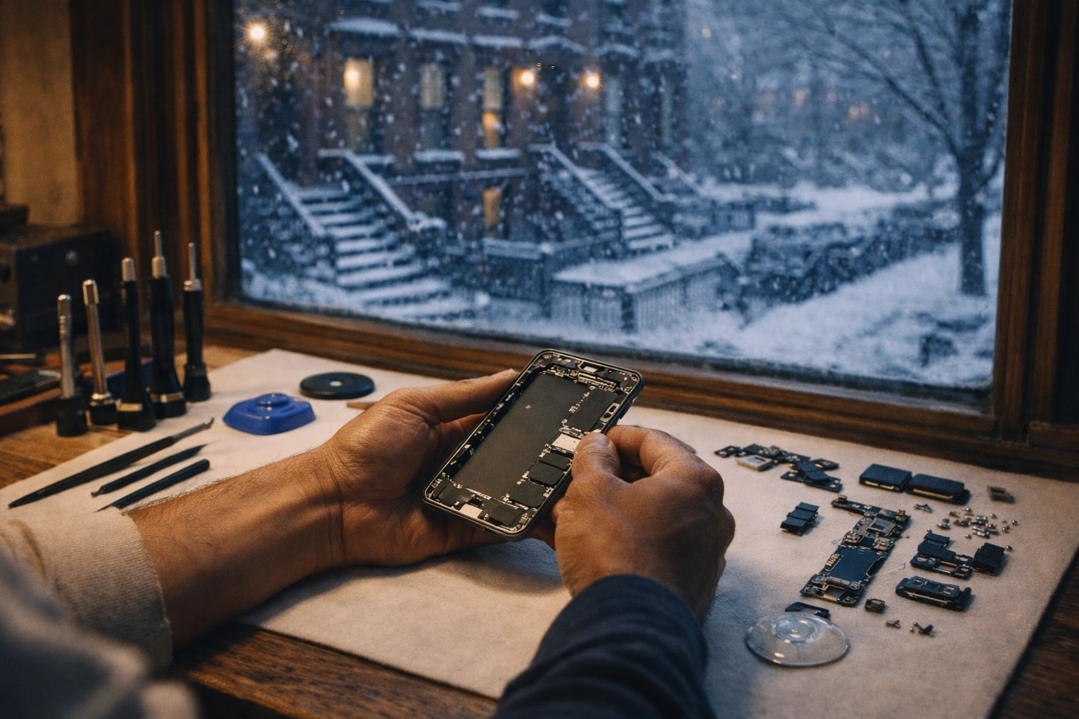 Professional technician repairing iPhone with proper tools in Brooklyn repair shop