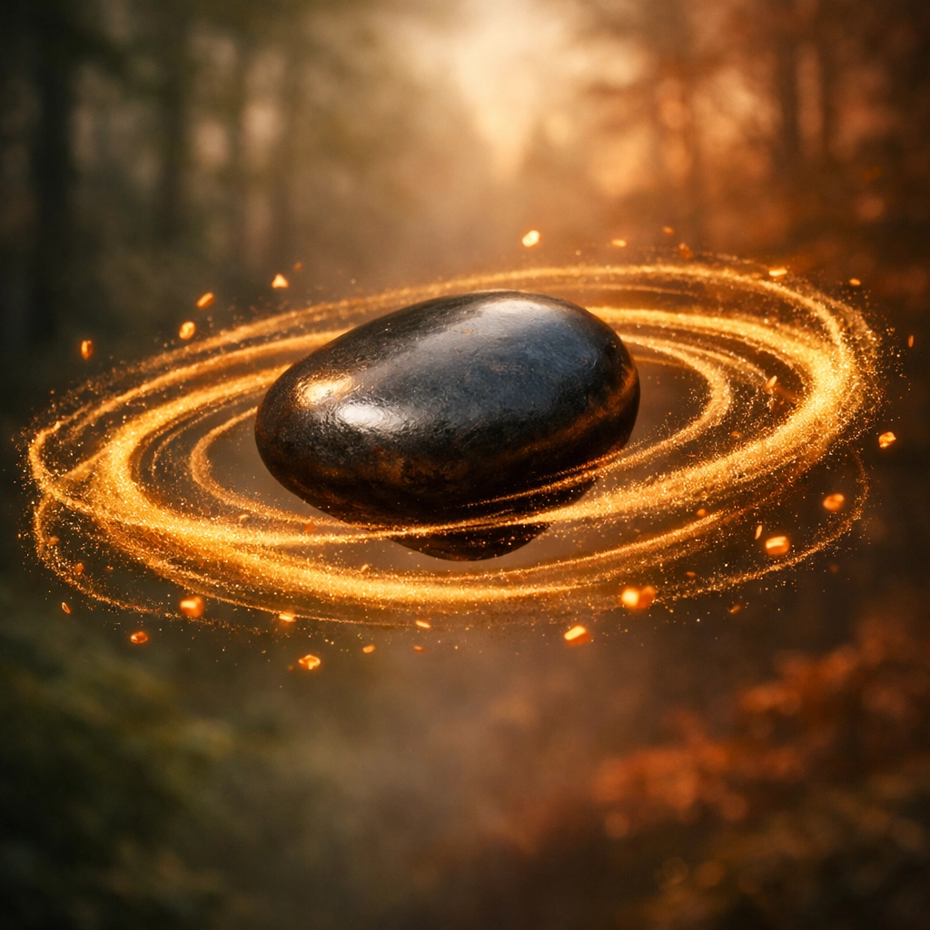 Floating river stone with golden orbits representing the magnetic frequency of past patterns and core wounds.