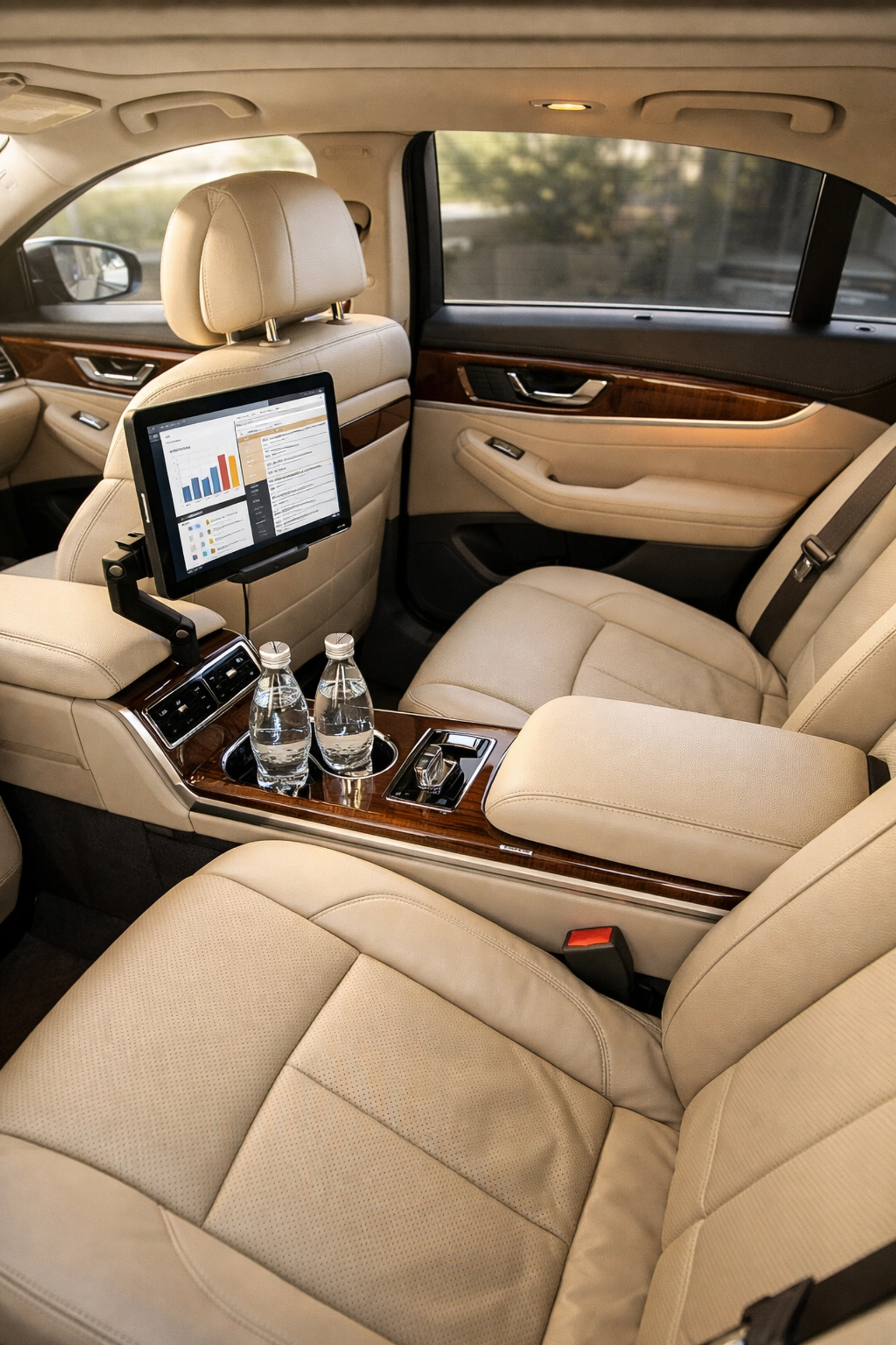 Luxury executive vehicle interior with premium amenities for business travel