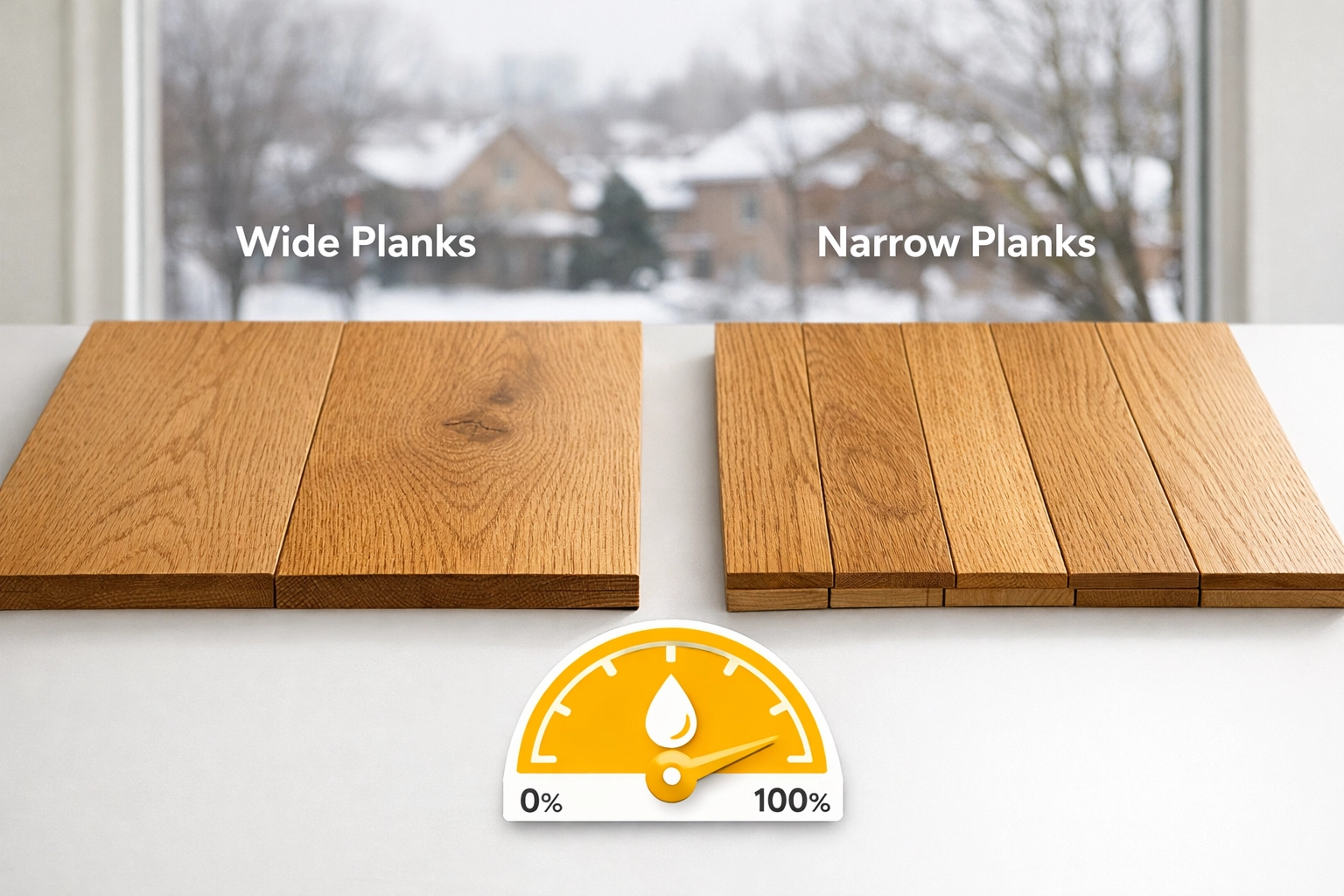 Comparison of wide vs narrow plank hardwood floors showing stability and wood grain for Chicago homes.