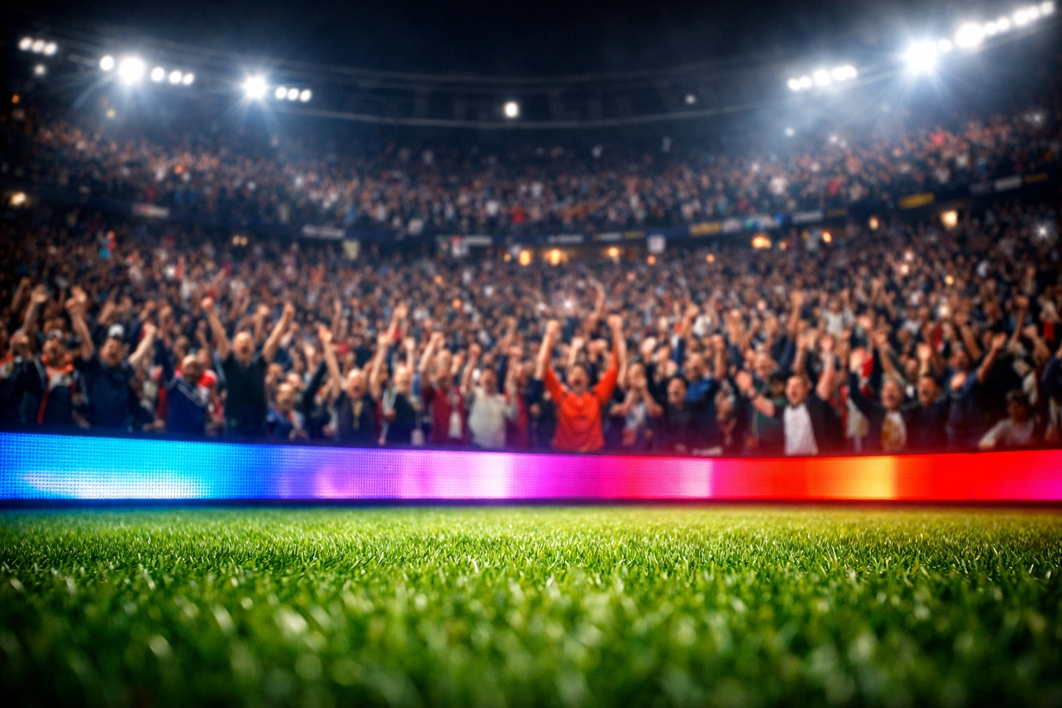 Digital stadium perimeter advertising capturing fan engagement during intense game moments.