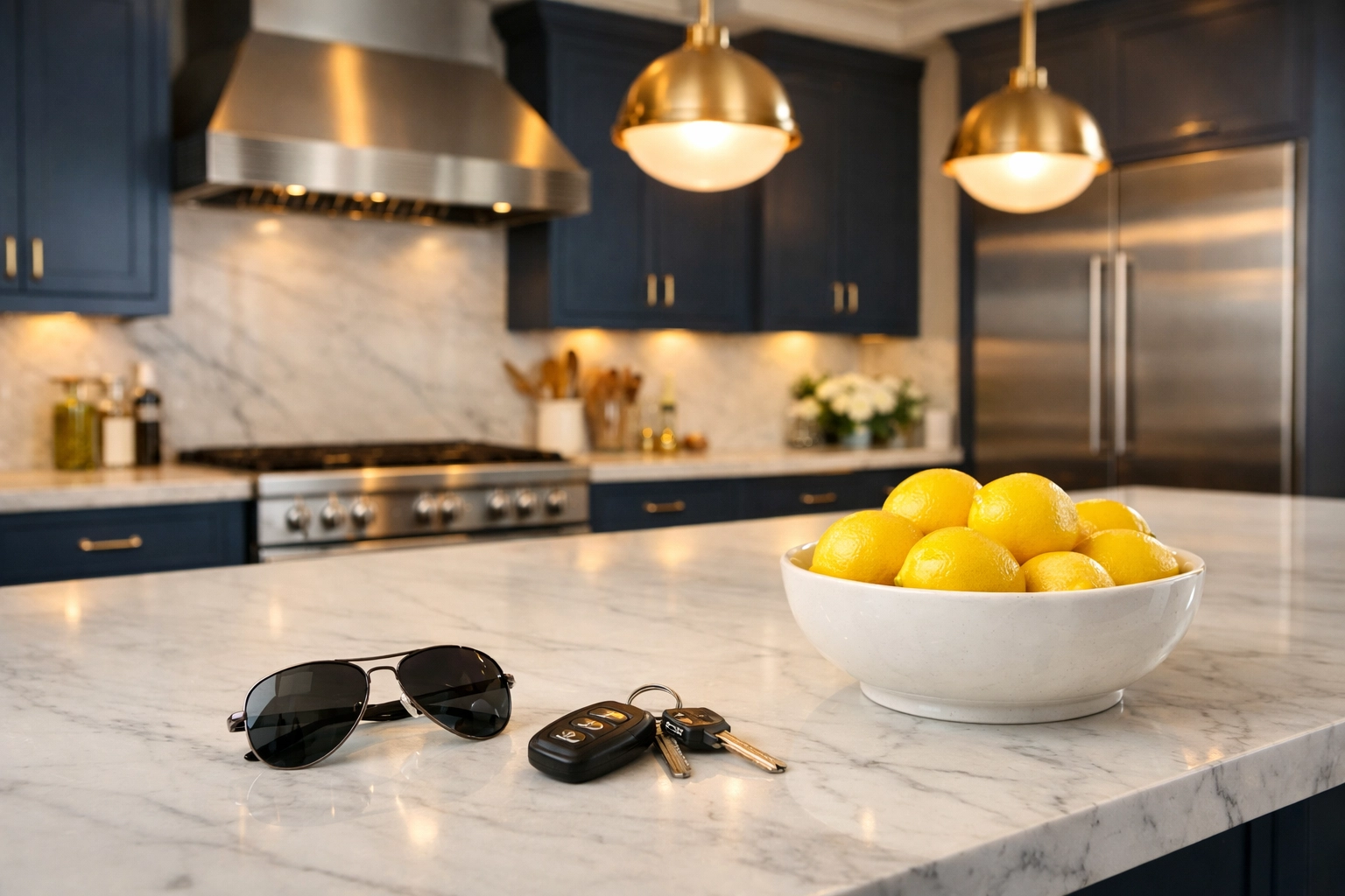 Immaculate Medfield kitchen with marble counters after a professional bi-weekly house cleaning service.