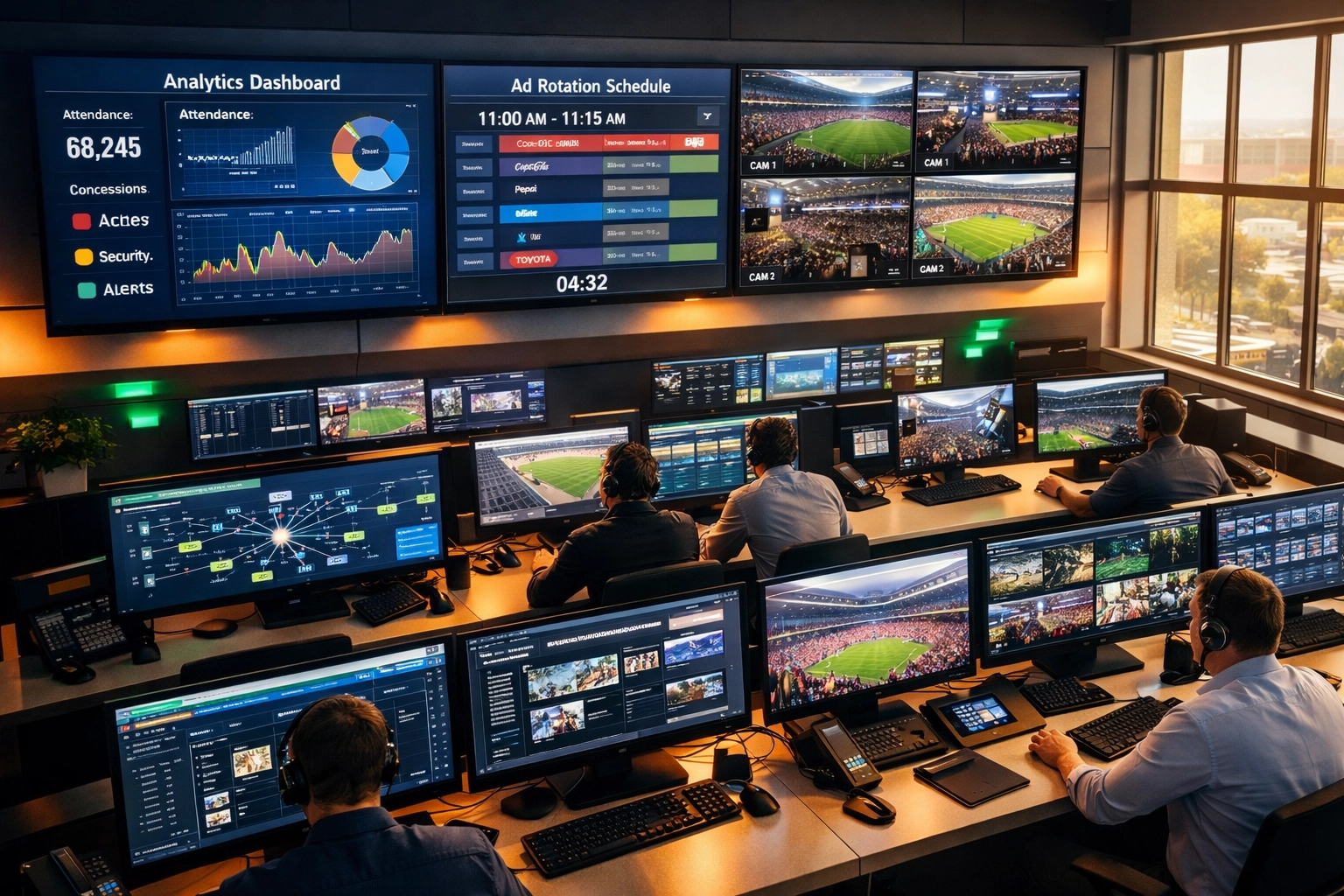 Sports stadium control room with monitors displaying 11AM automated advertising rotation system