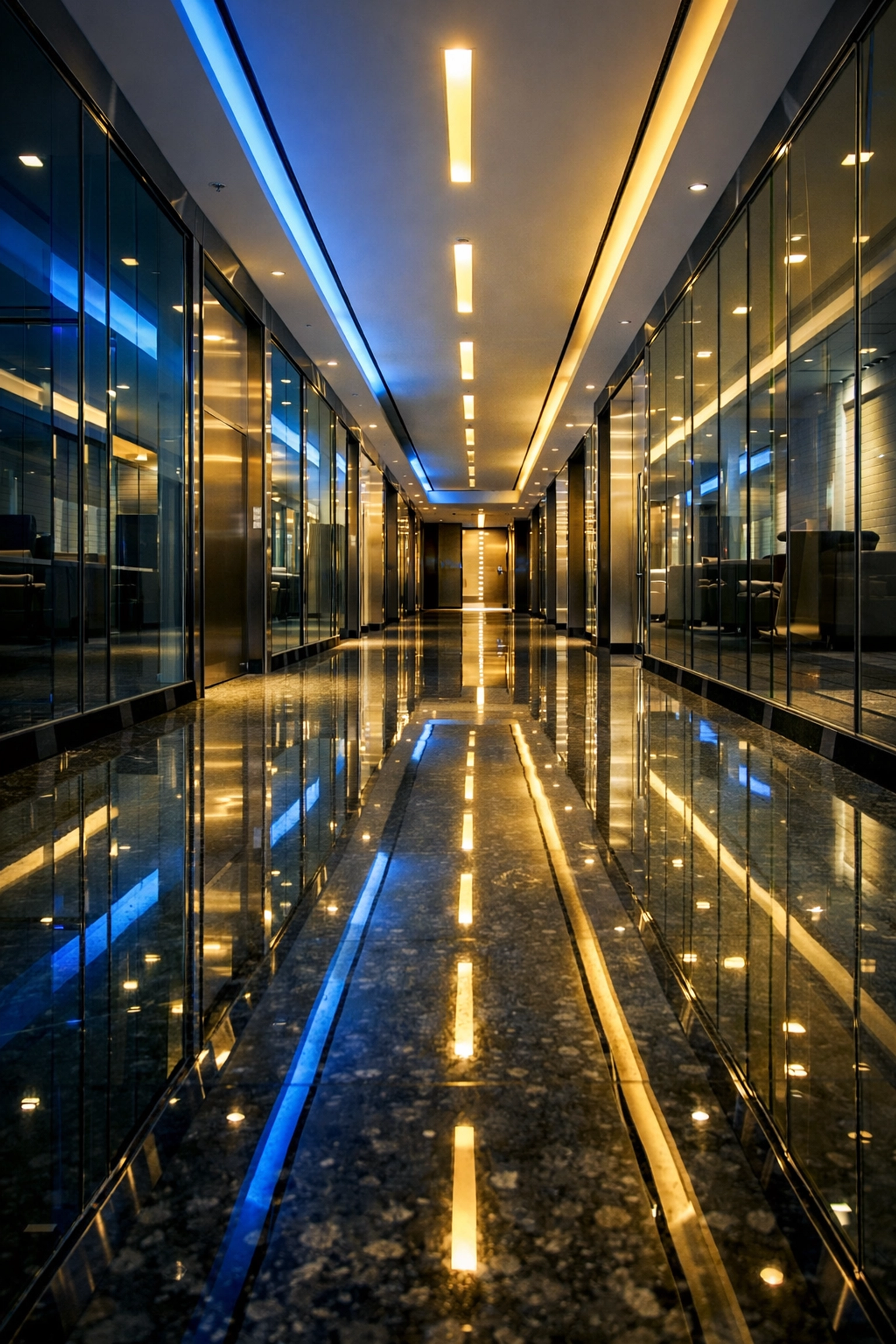Reflective, polished commercial hallway in Acton, MA, highlighting expert floor maintenance and care.