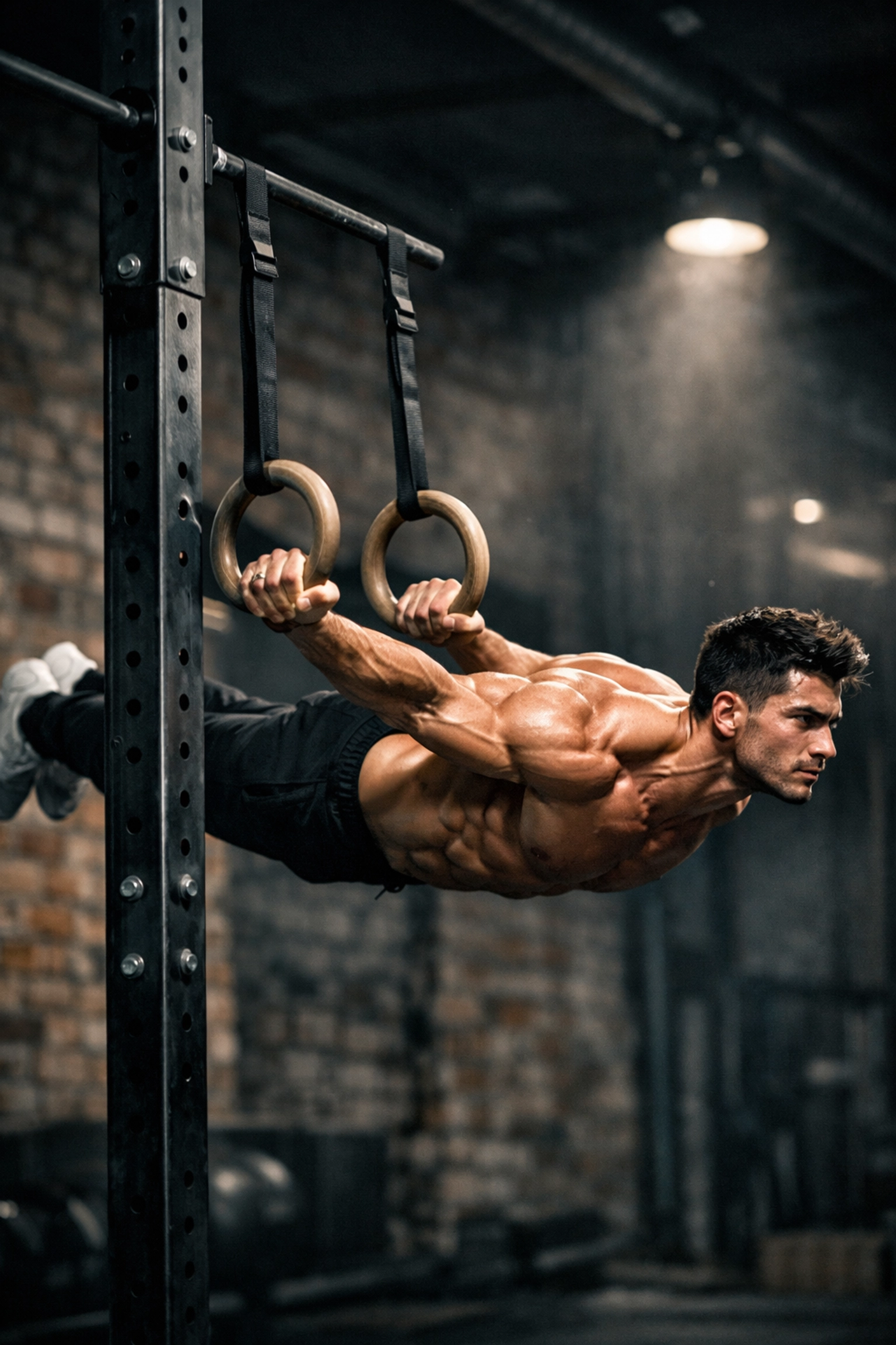Athlete performing calisthenics on a vertical rail, showing full body resistance training at home.