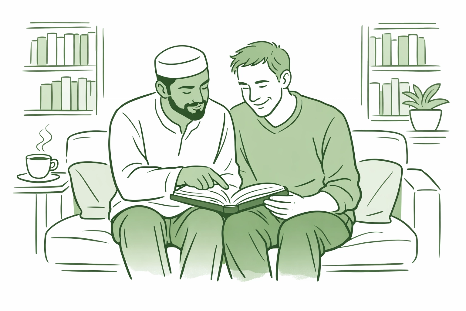 Two men bonding over an MM romance novel in a library, building queer connections through shared stories.