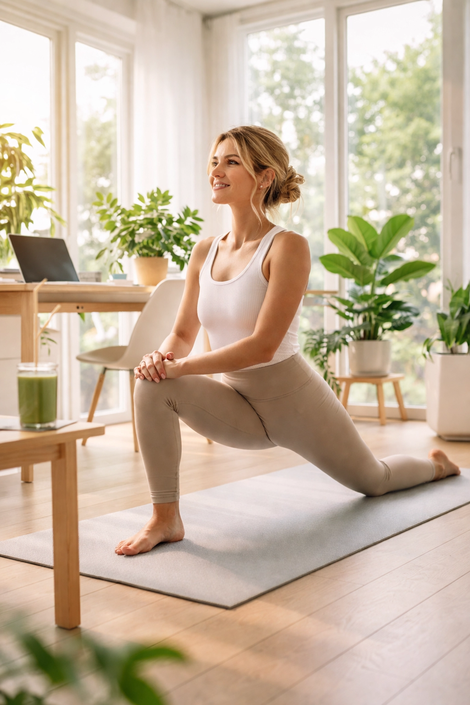 Founder practicing morning yoga in a bright home office, illustrating healthy habits for sustainable entrepreneurship