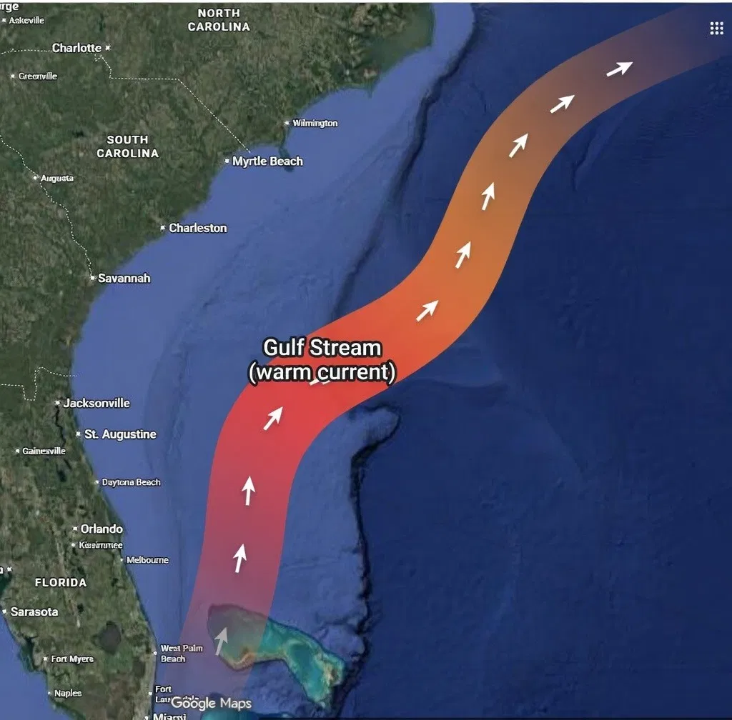 Annotated map showing the Gulf Stream’s path along the U.S. East Coast