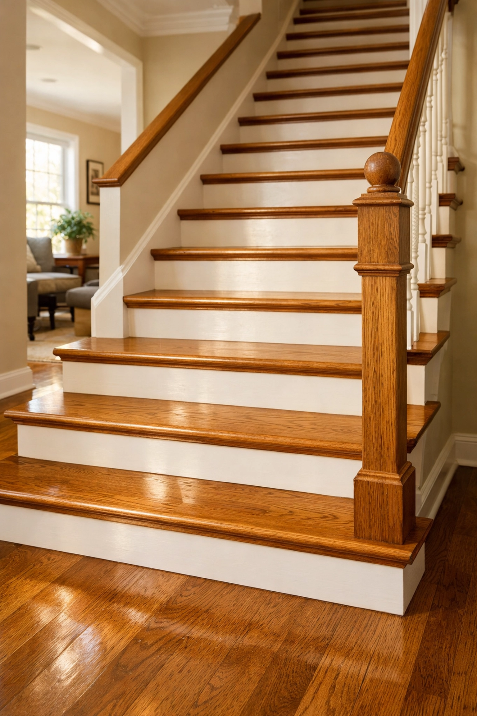 A well-designed wooden staircase showing safe riser heights and deep treads in a brightly lit home.