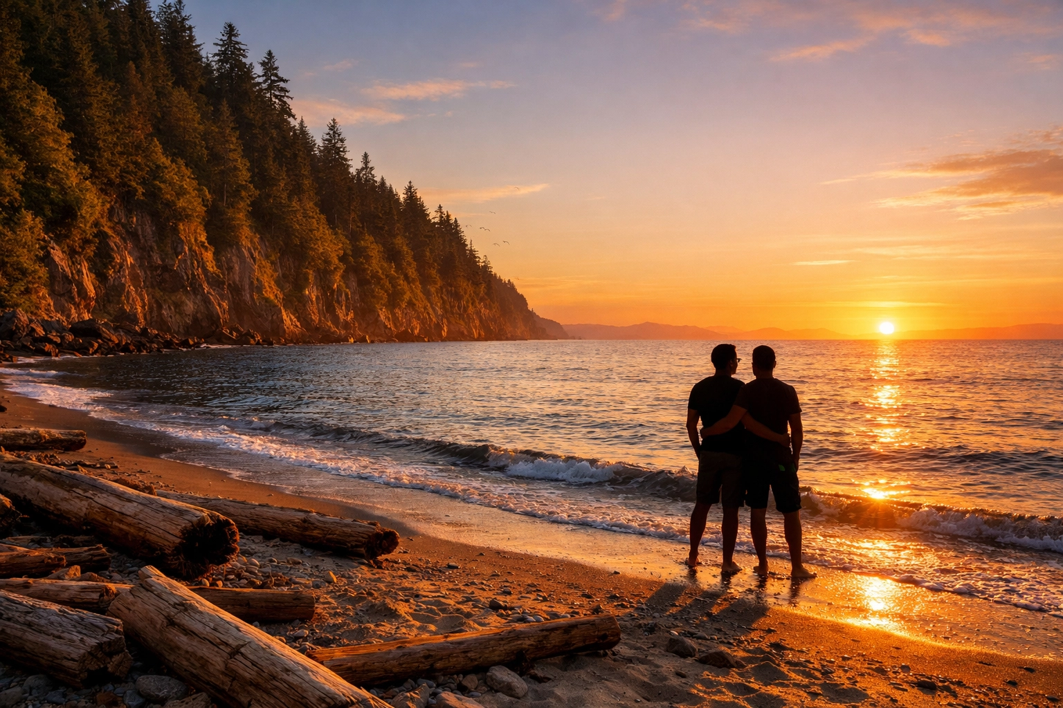 Two men embracing at sunset on Wreck Beach with Pacific Ocean and forested cliffs