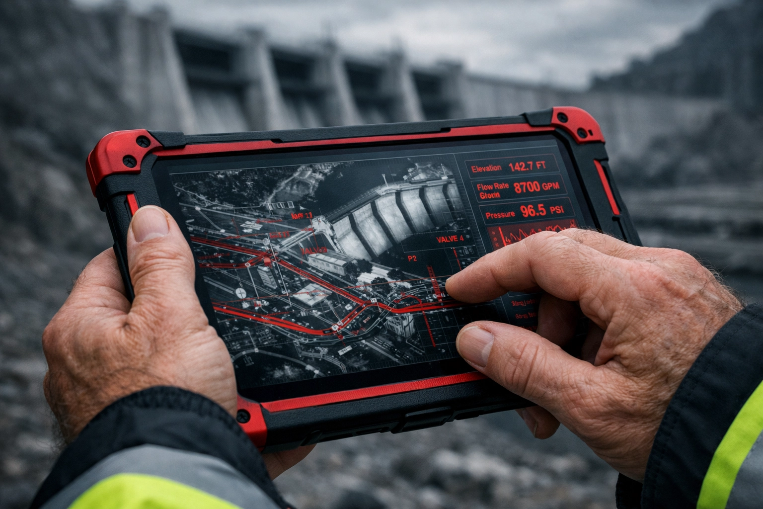 An engineer using a digital tablet with AI data overlays at an AtkinsRéalis infrastructure site.