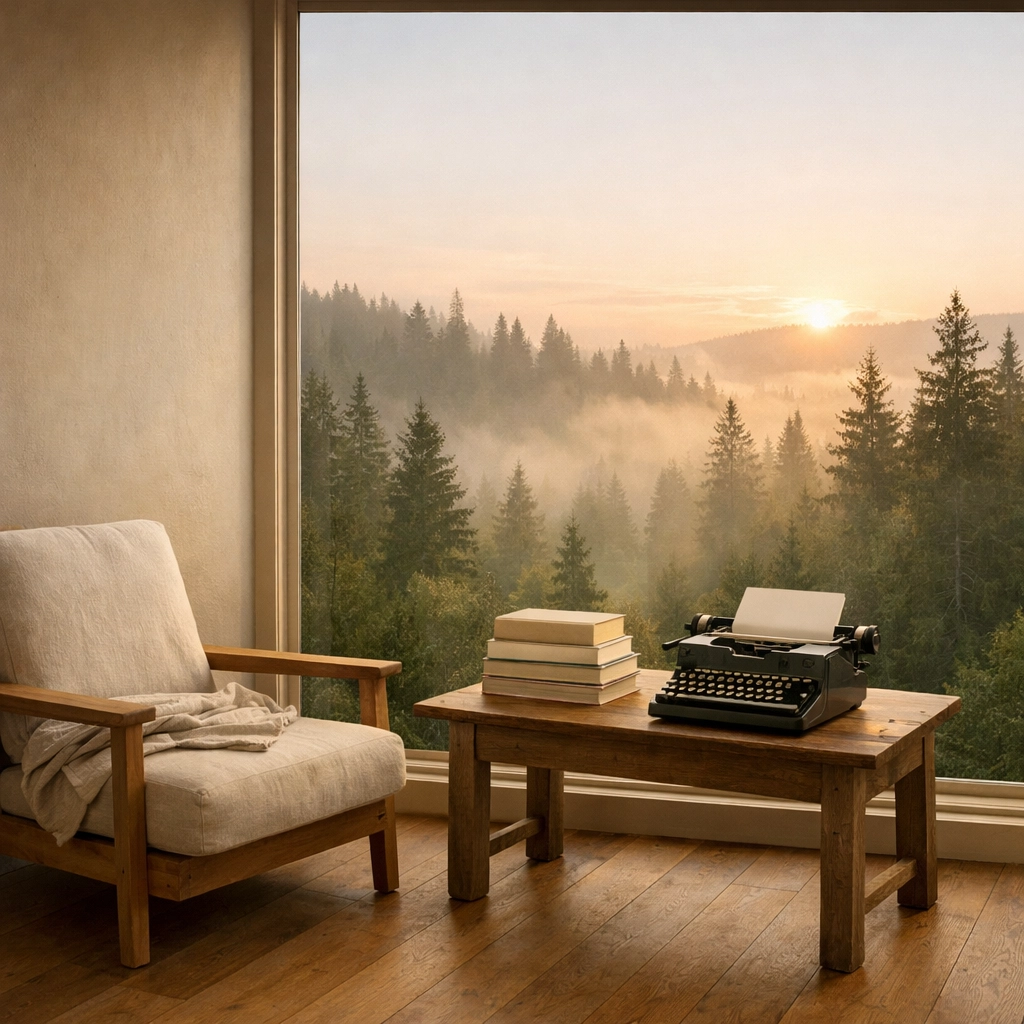 Minimalist analog sanctuary with books and forest view for a low-stimulation dopamine fasting environment.
