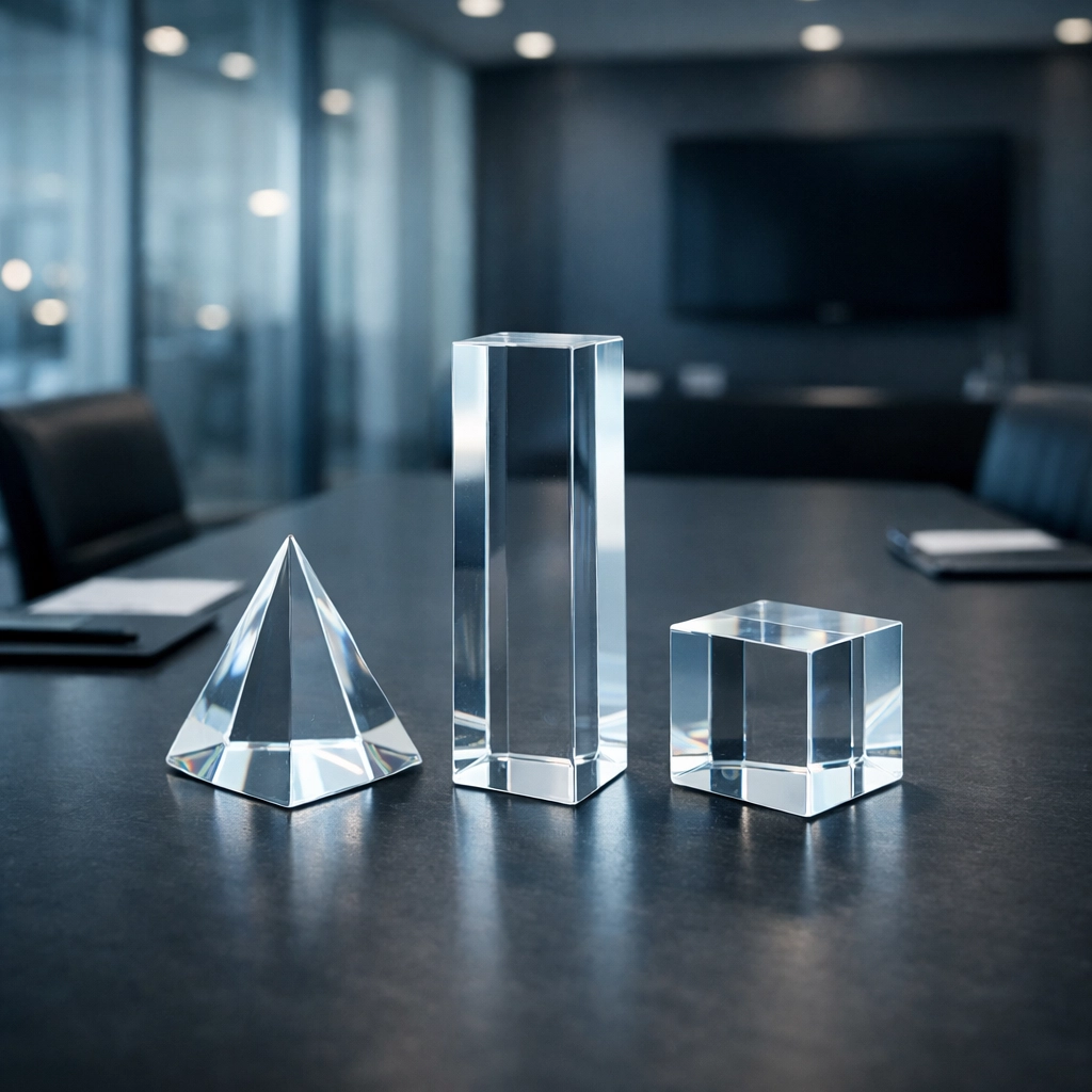 Three glass prisms in a boardroom symbolizing different professional business valuation services and models.