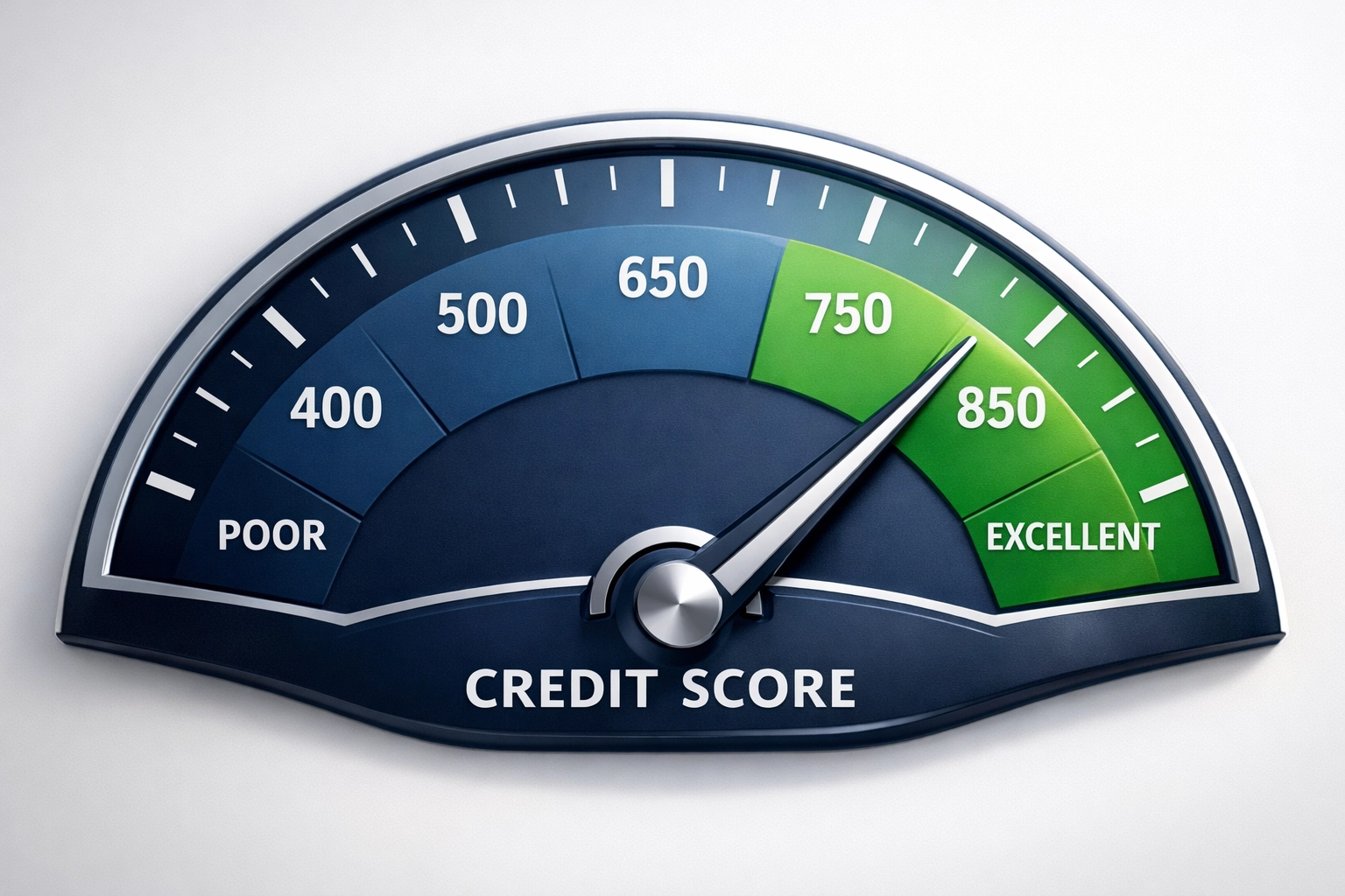 Credit score gauge displaying excellent 750 score range for mortgage qualification