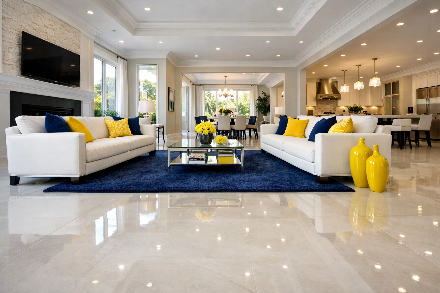 A pristine, sun-filled living room in Westford showcasing professional house cleaning and polished floors.