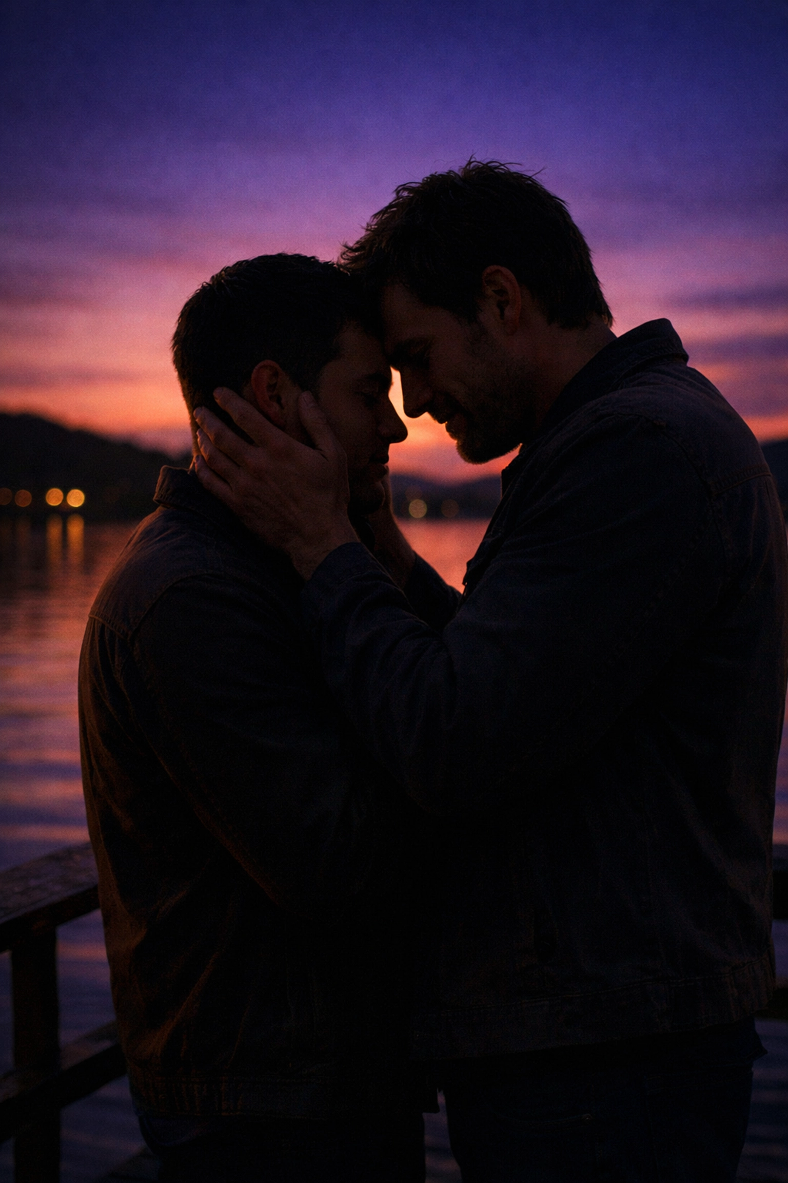 A romantic moment between two men on a pier at dusk, symbolizing a heartfelt gay love story ending.