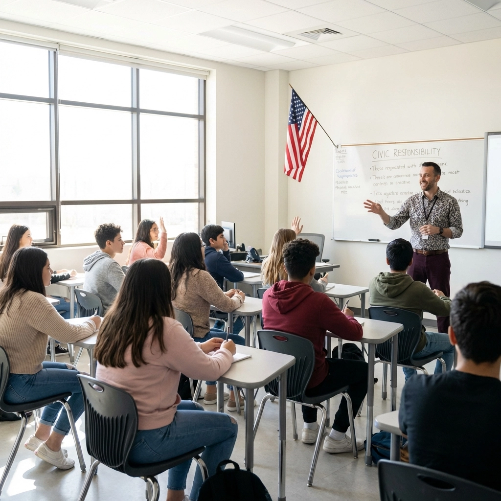 Does the Pledge of Allegiance Still Matter in 2026? Here's the Truth Teacher leads a civic education lesson with engaged high school students and an American flag in the classroom.