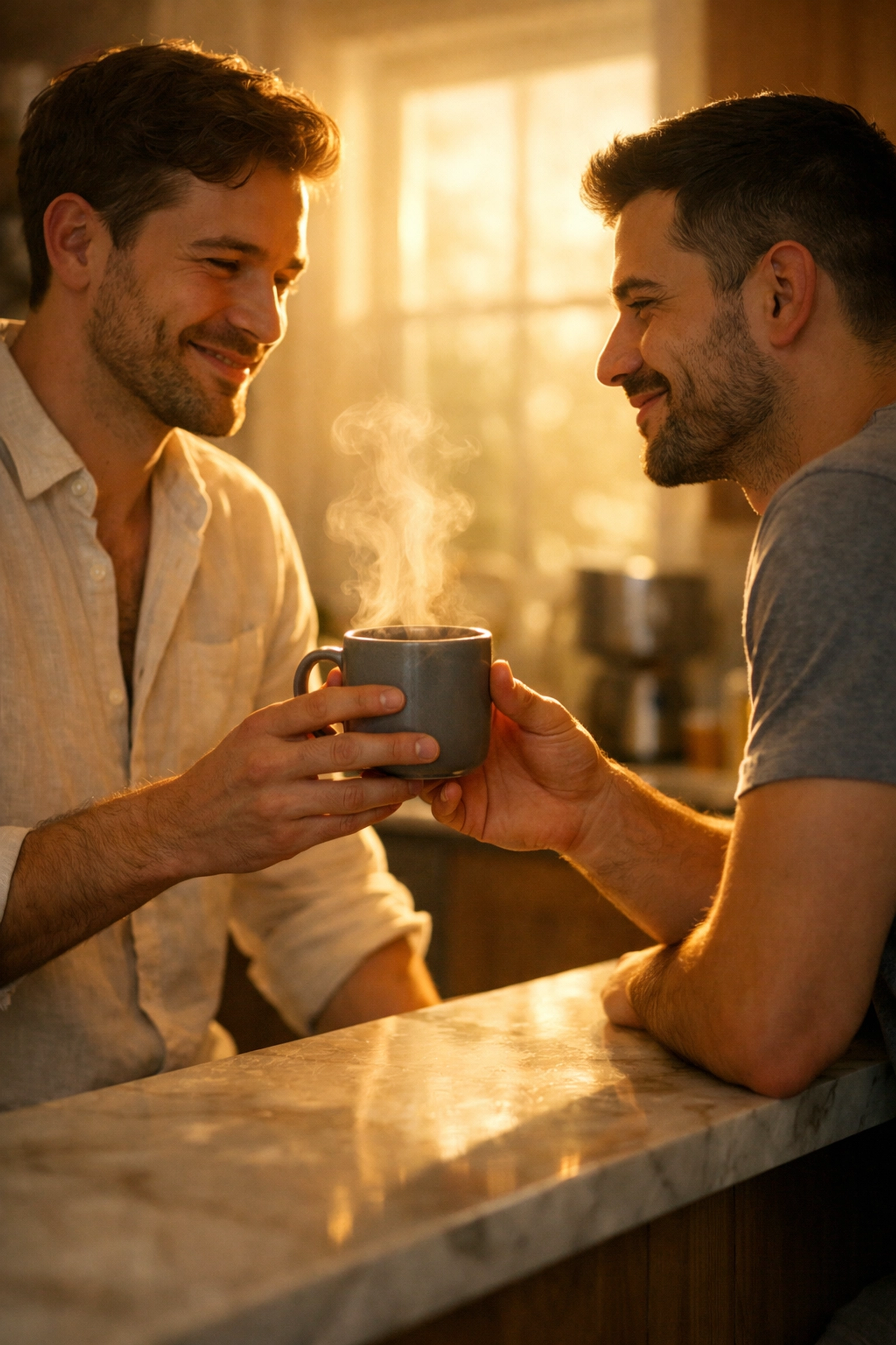 Two men sharing a tender morning coffee moment, highlighting quiet intimacy in MM romance stories.