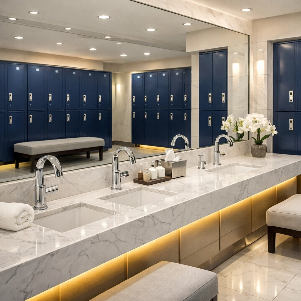 Impeccably clean luxury gym locker room in Lancaster featuring sanitized surfaces and polished floors.