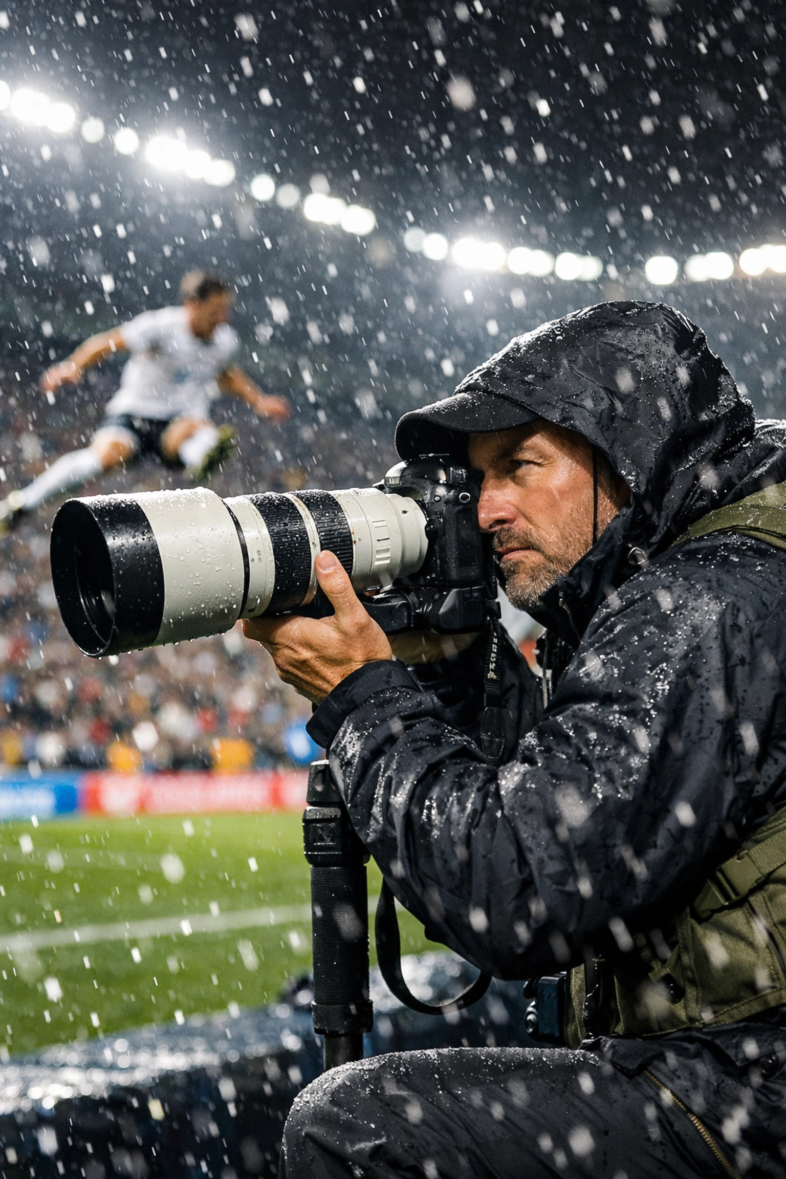 Sports photographer using a fast shutter speed in manual mode to freeze action at a soccer match.