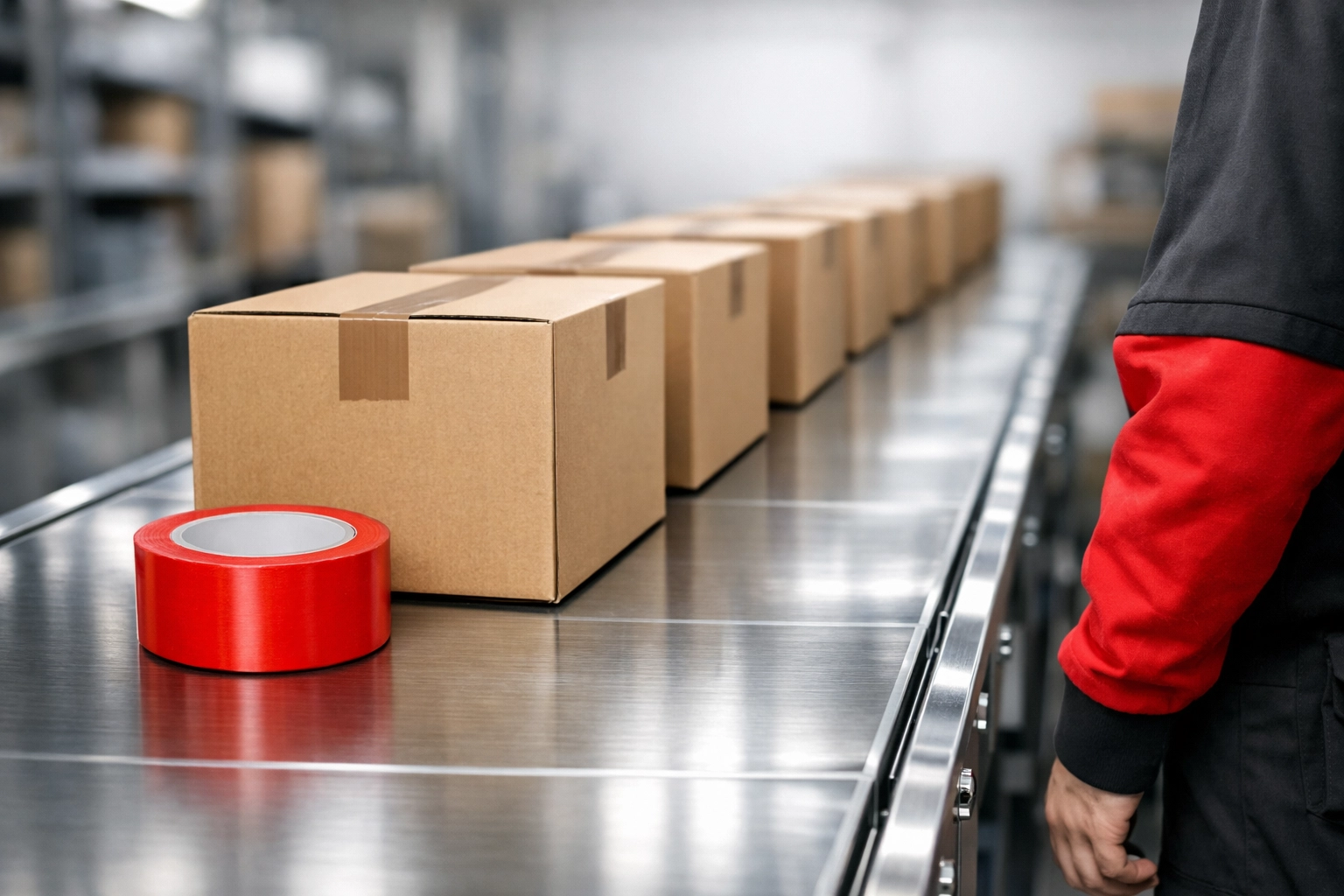 Efficient logistics in retail packing station with boxes on a conveyor belt for fast warehouse and fulfilment.